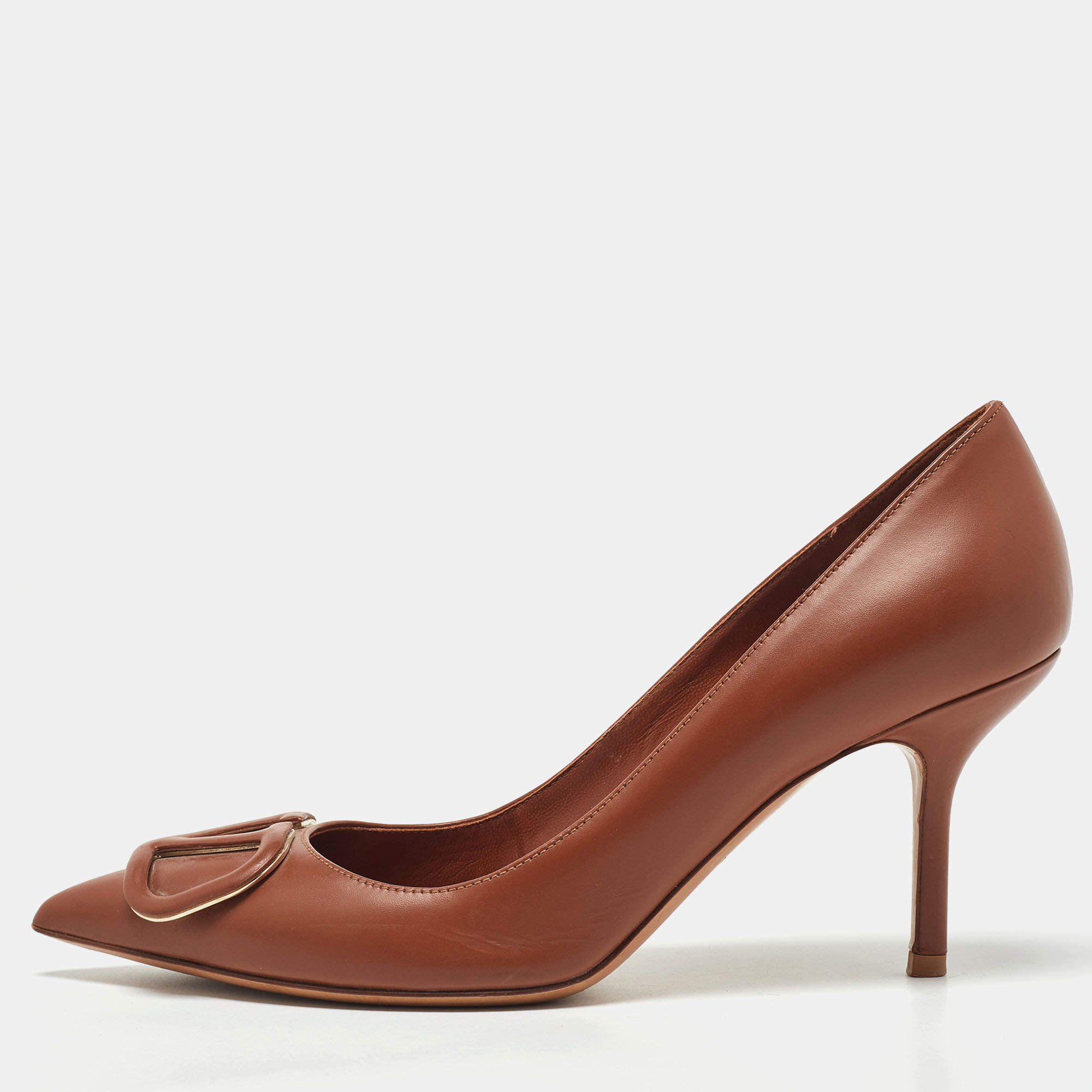 Pre Owned Valentino Brown Leather V LOGO Pumps Size 37