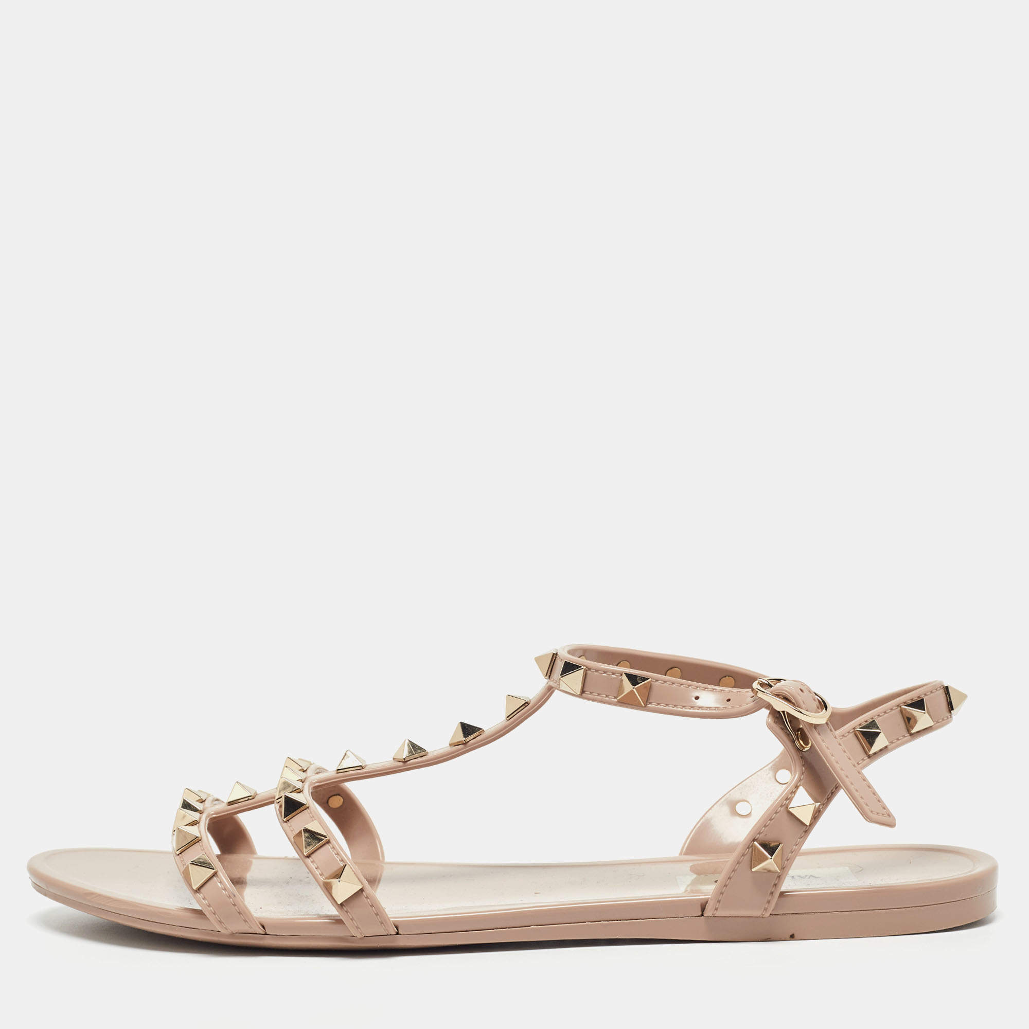 Pre Owned Valentino Beige Rubber Rockstud Ankle Strap Flats Size 40