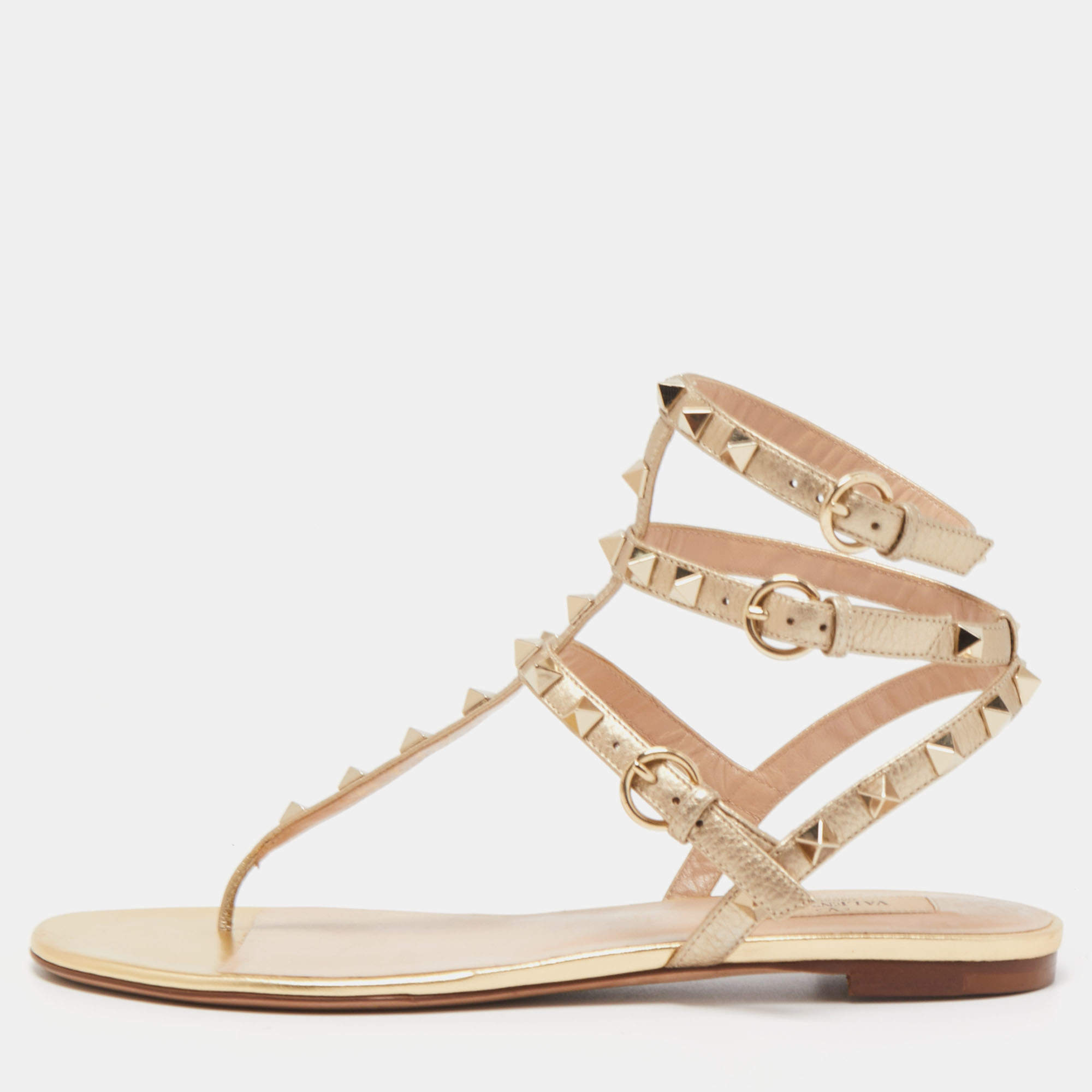 Pre Owned Valentino Metallic Gold Leather Rockstud Thong Flats Size 38.5