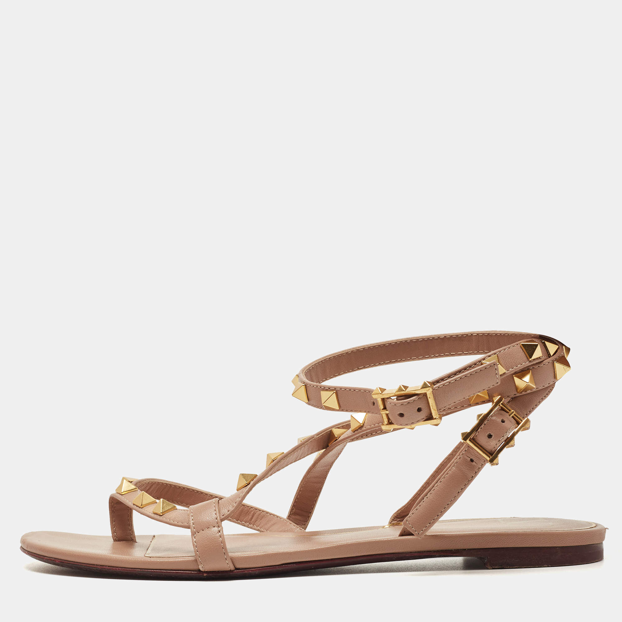 Pre Owned Valentino Beige Leather Rockstud Ankle Strap Flats Size 38