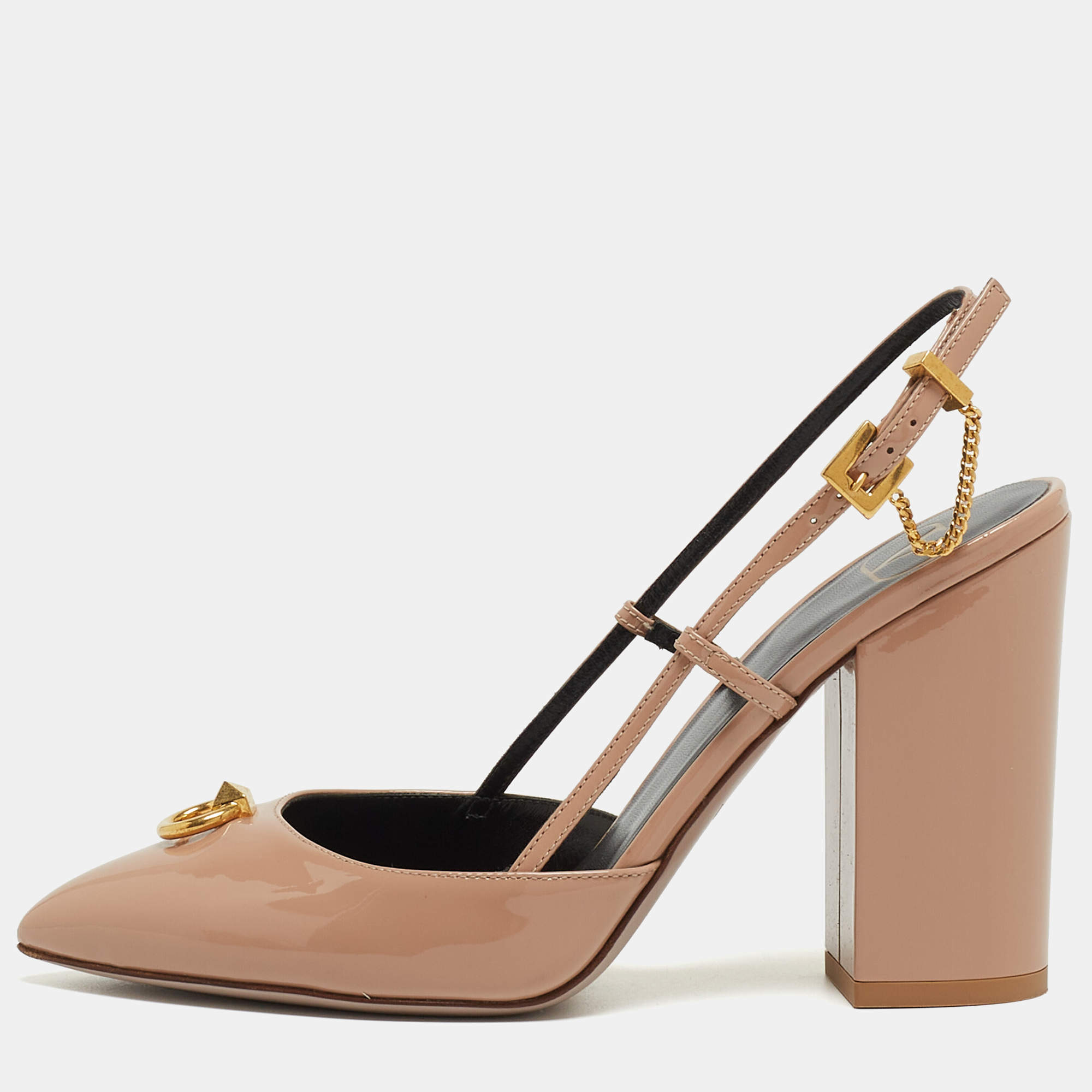 Pre Owned Valentino Beige Patent Leather Stud Slingback Pumps Size 37