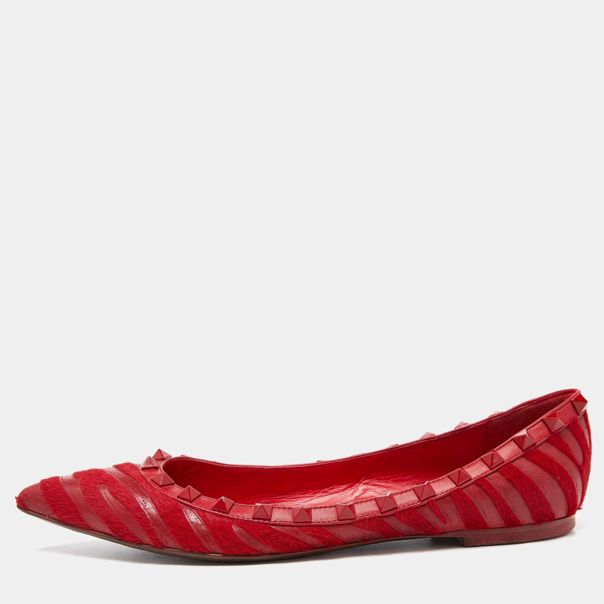 Pre Owned Valentino Red Calfhair and Leather Studded Ballet Flats Size 37