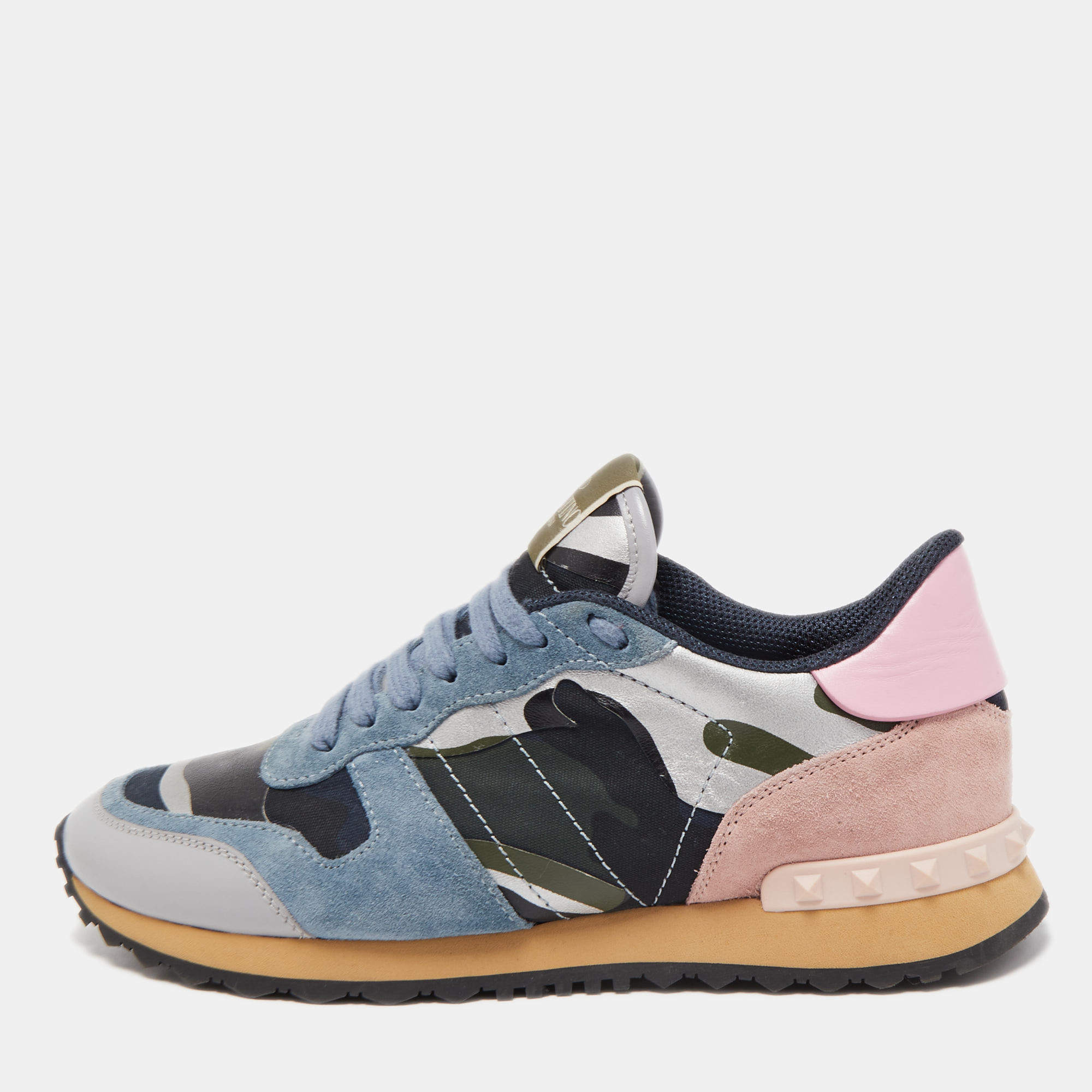 Pre Owned Valentino Multicolor Camo Print Canvas and Leather Rockrunner Sneakers Size 39