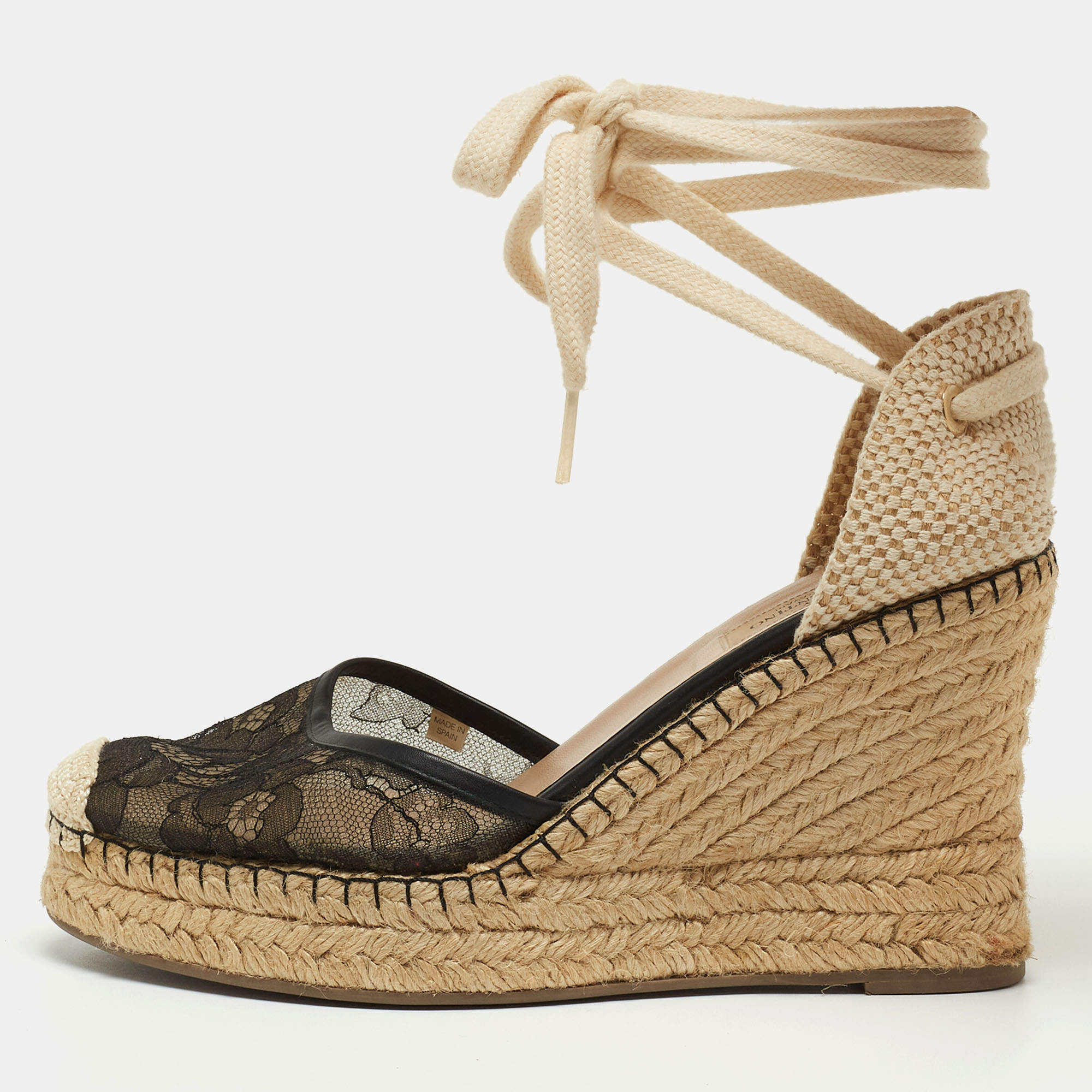 Pre Owned Valentino Black Lace and Mesh Wedge Pumps Size 39 