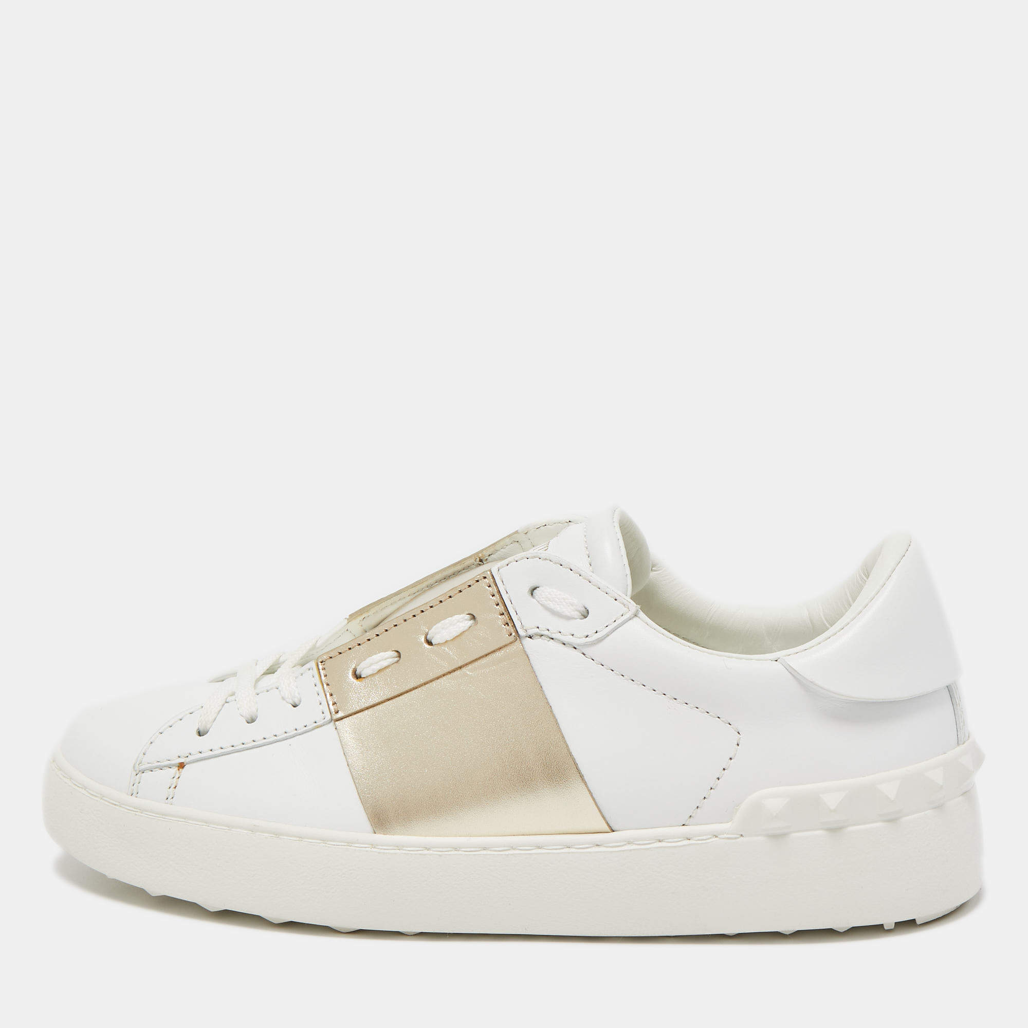 Pre Owned Valentino White/Gold Leather Open Sneakers Size 36.5