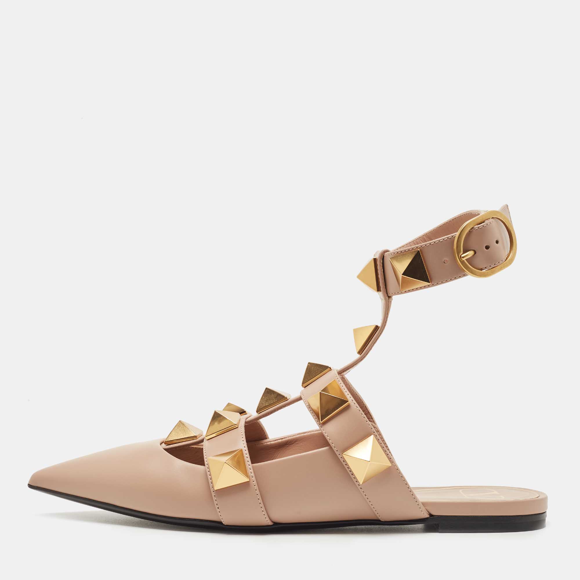 Pre Owned Valentino Beige Leather Roman Stud Mules Size 37.5