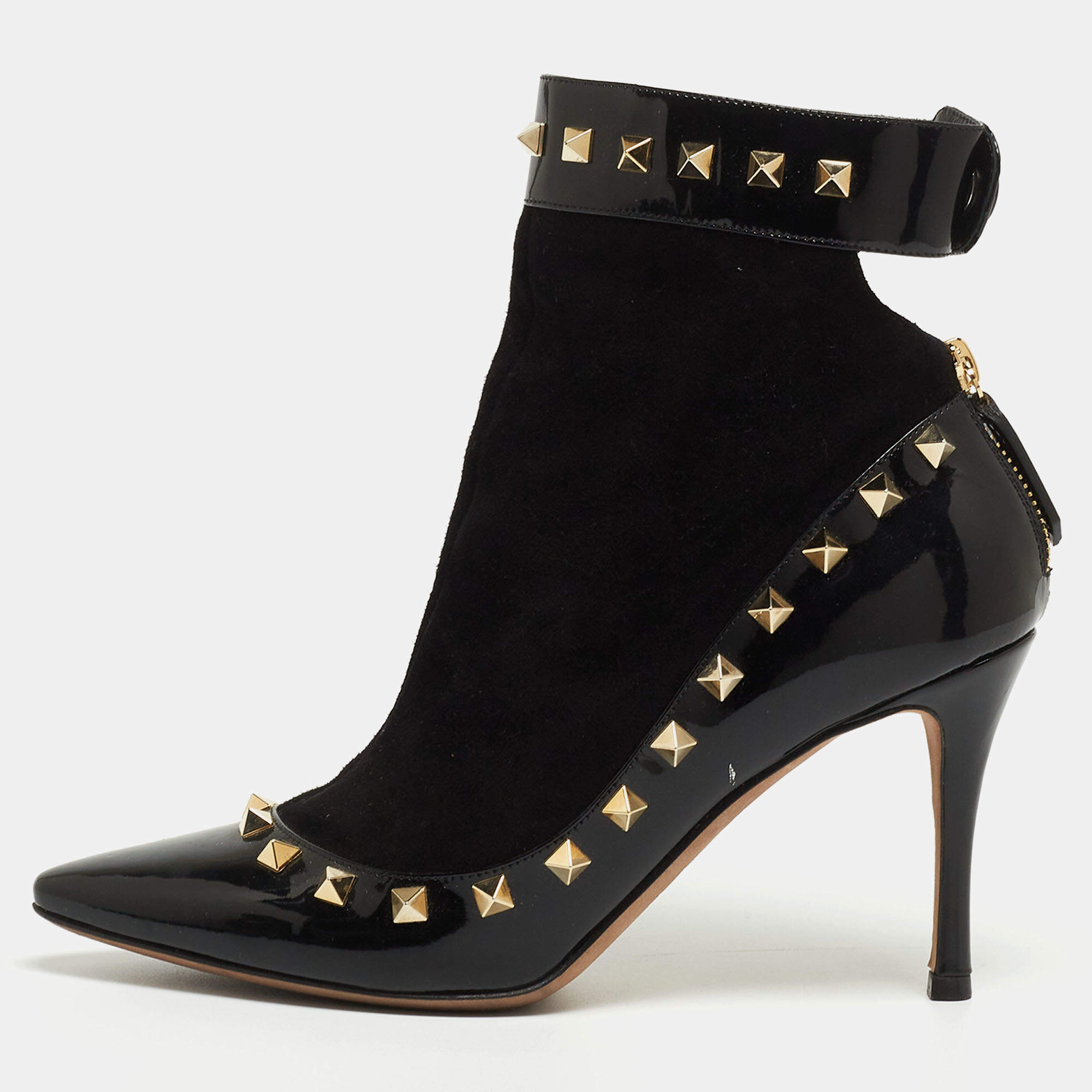 Pre Owned Valentino Black Patent Leather and Suede Rockstud Ankle Booties Size 37