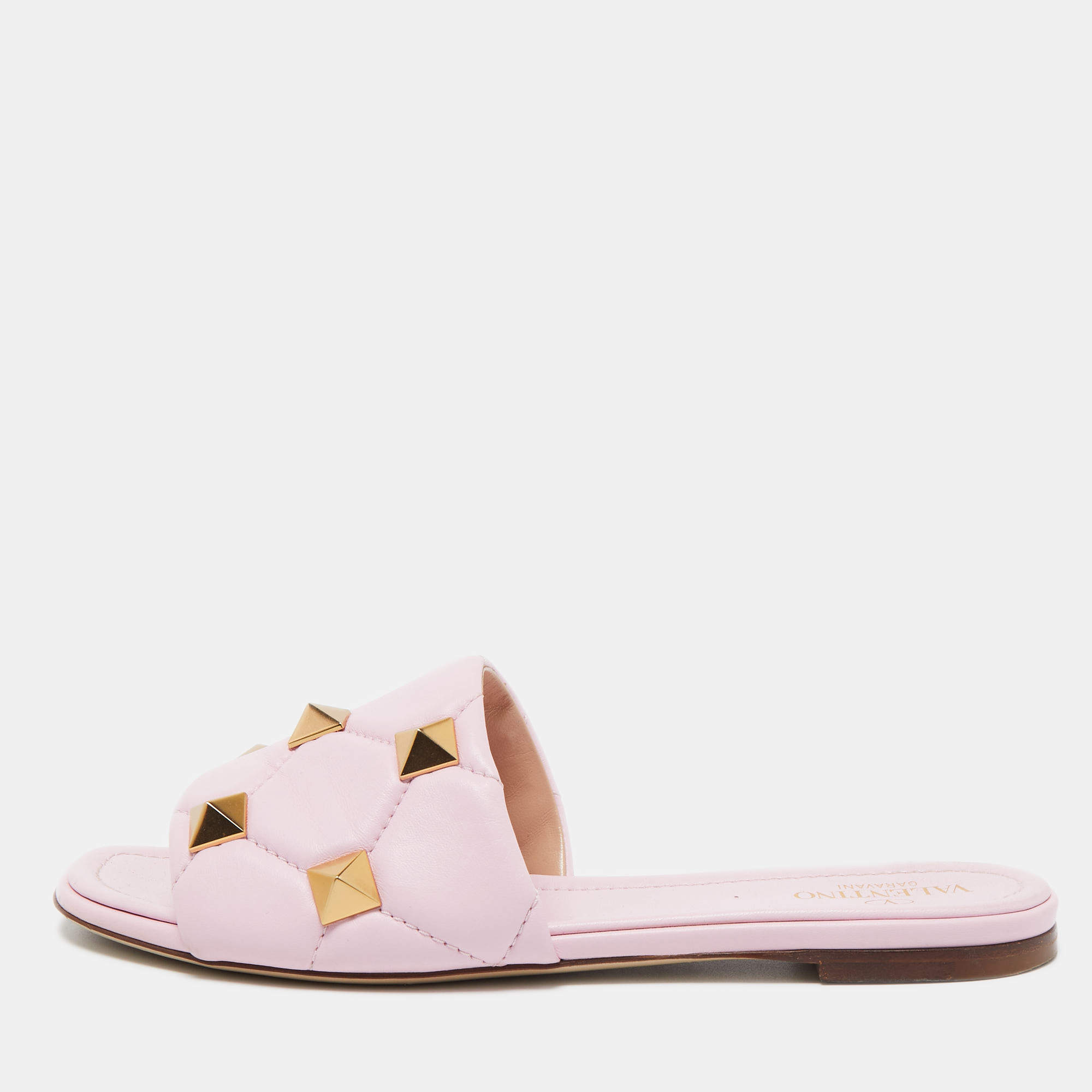 Pre Owned Valentino Pink Leather Roman Stud Flat Slides Size 39