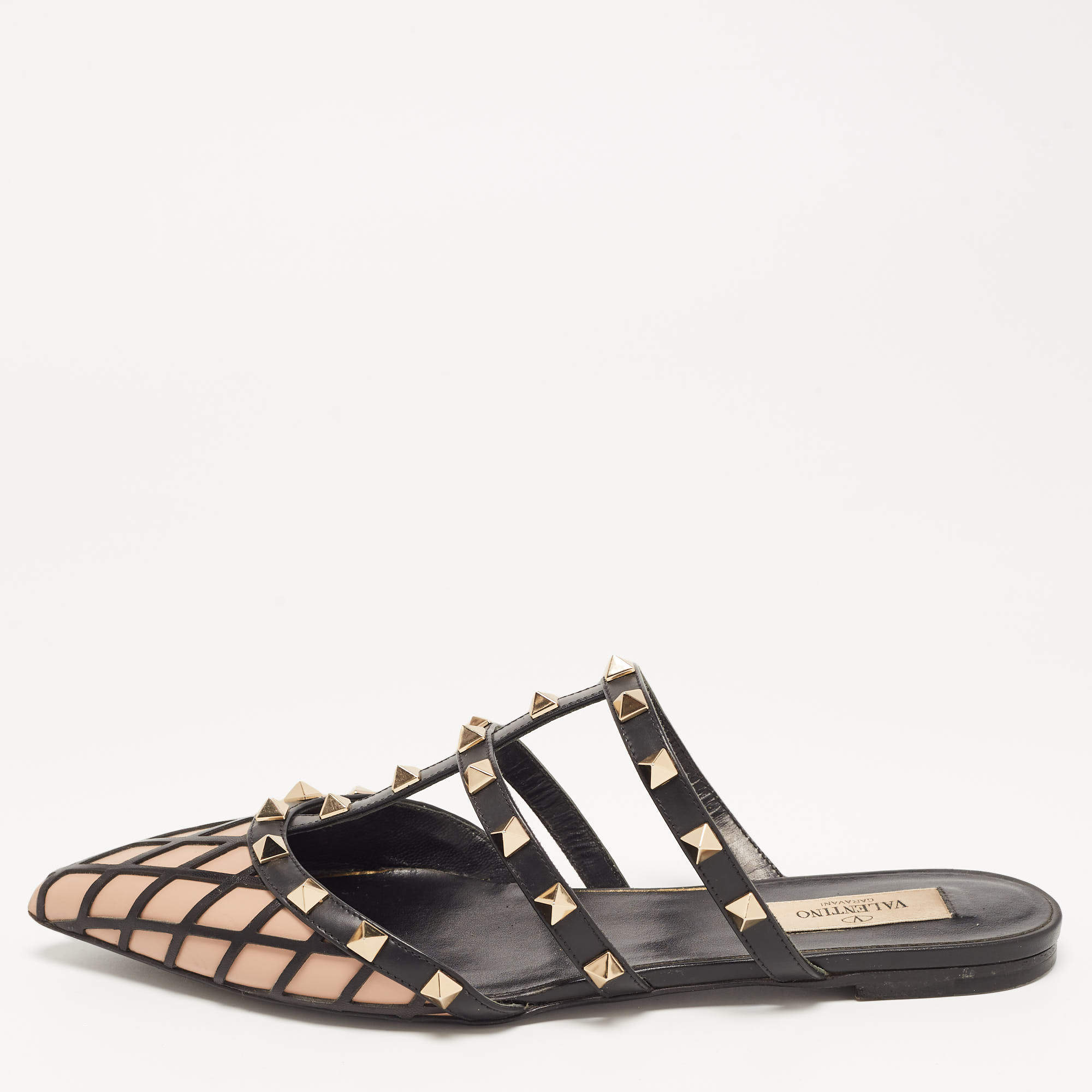 Pre Owned Valentino Brown/Black Leather Rockstud Strappy Flat Mules Size 38