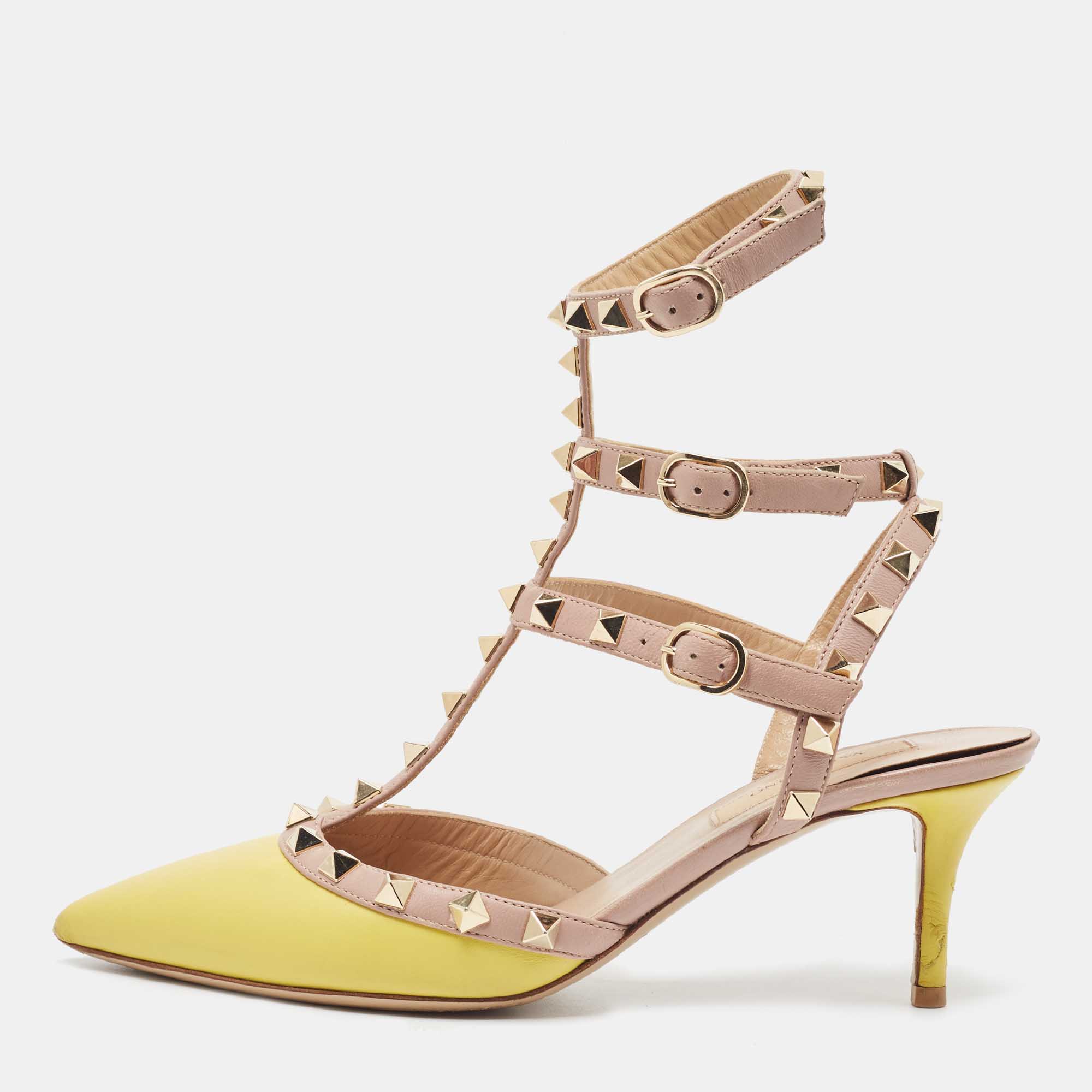 Pre Owned Valentino Yellow/Pink Leather Rockstud Ankle Strap Pumps Size 36