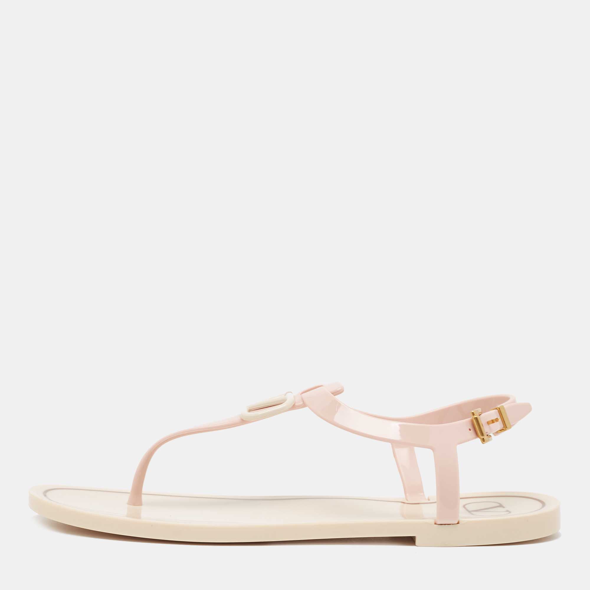 Pre Owned Valentino Pink Rubber Escape V logo Slingback Flat Sandals Size 38