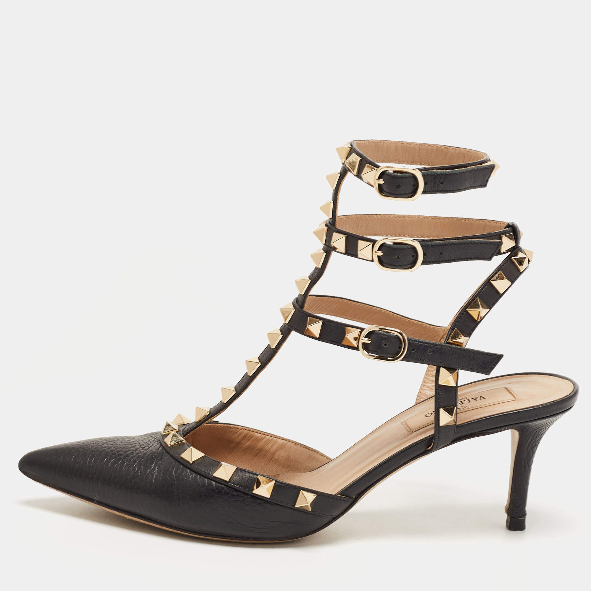 Pre Owned Valentino Black Leather Rockstud Strappy Pointed Toe Pumps Size 38.5