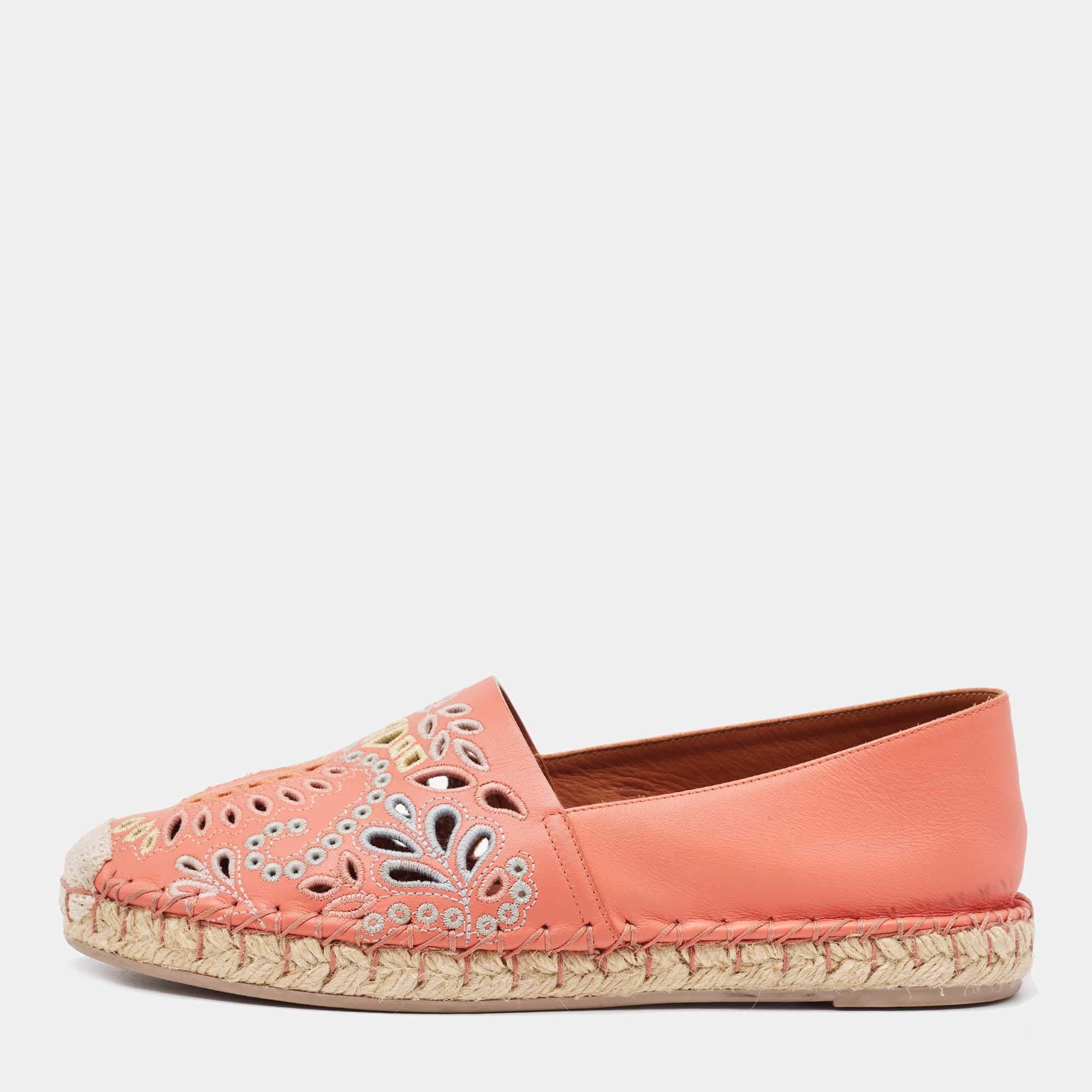Pre Owned Valentino Coral Embroidered Leather Espadrilles Size 36