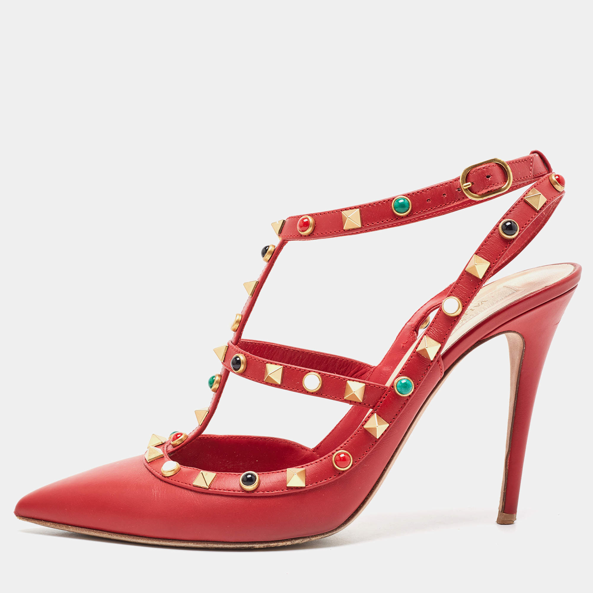 Pre Owned Valentino Red Leather Rolling Rockstud Ankle Strap Pumps Size 41