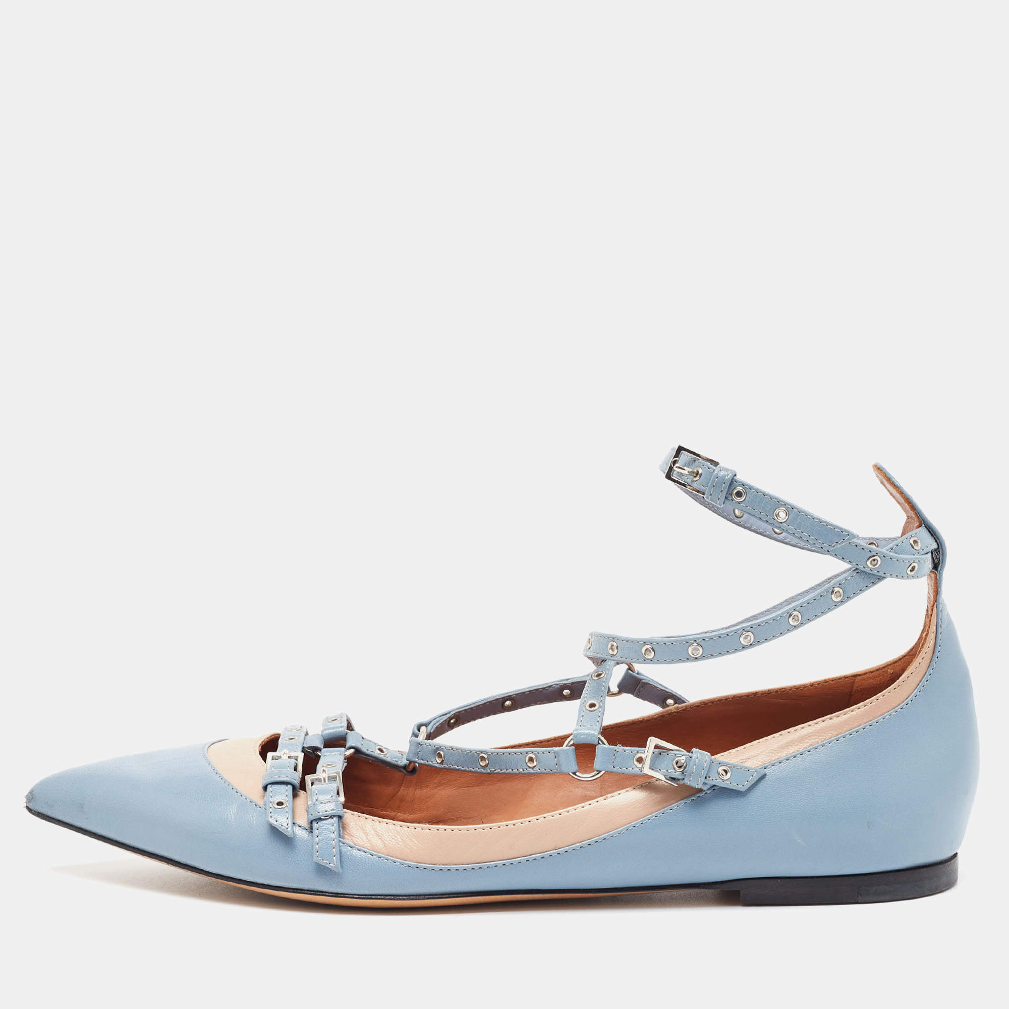 مملوكة مسبقًا Valentino Blue/Beige Leather Love Latch Ballet Flats Size 39