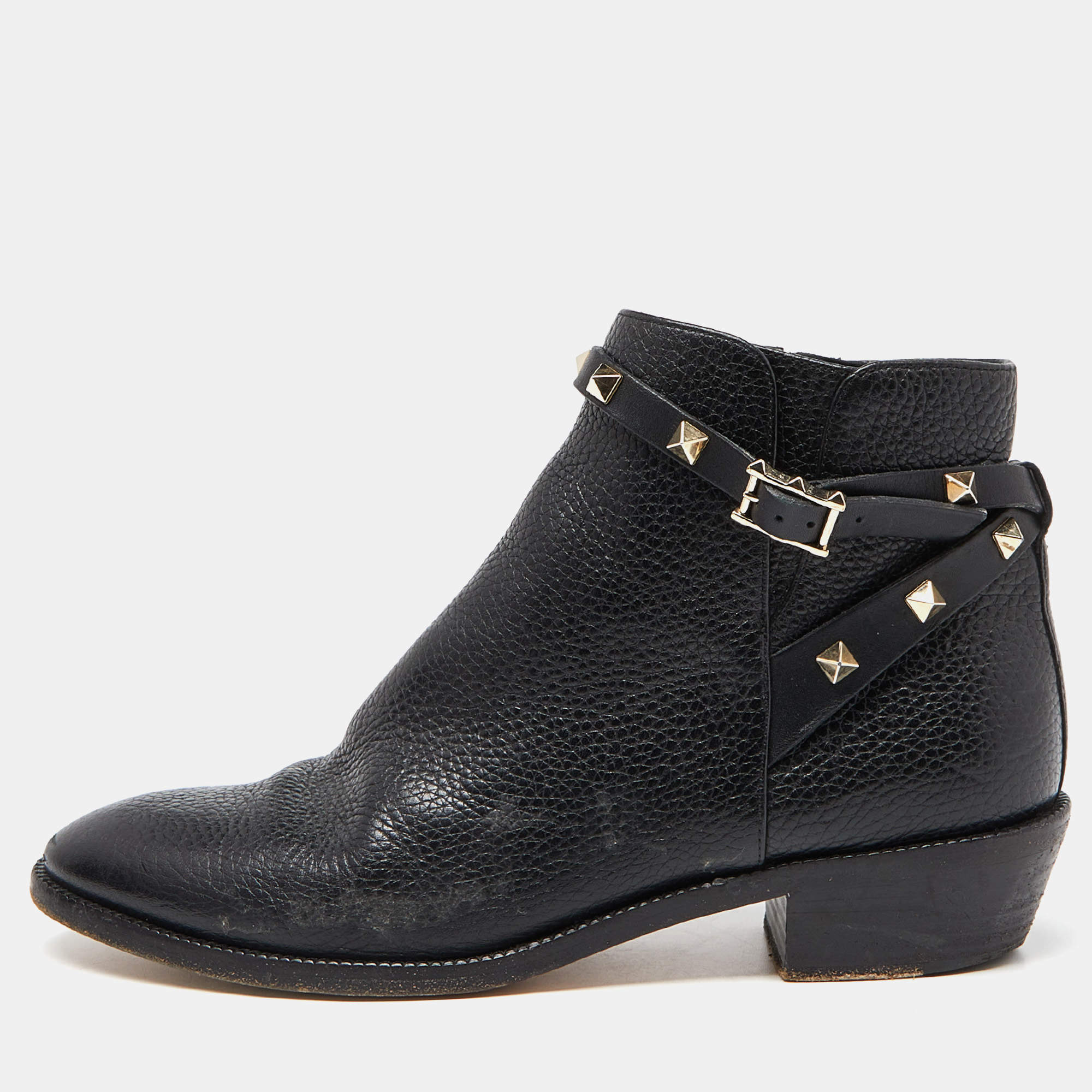 Pre Owned Valentino Black Leather Rockstud Ankle Boots Size 39