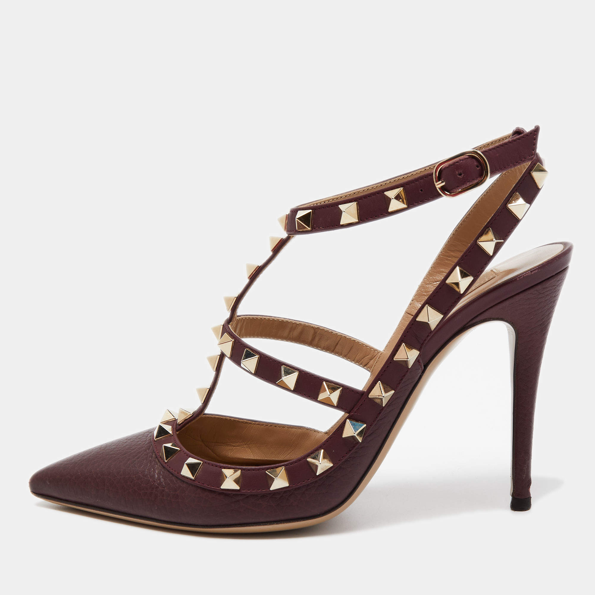 Valentino Burgundy Leather Rockstud Strappy Pointed Toe