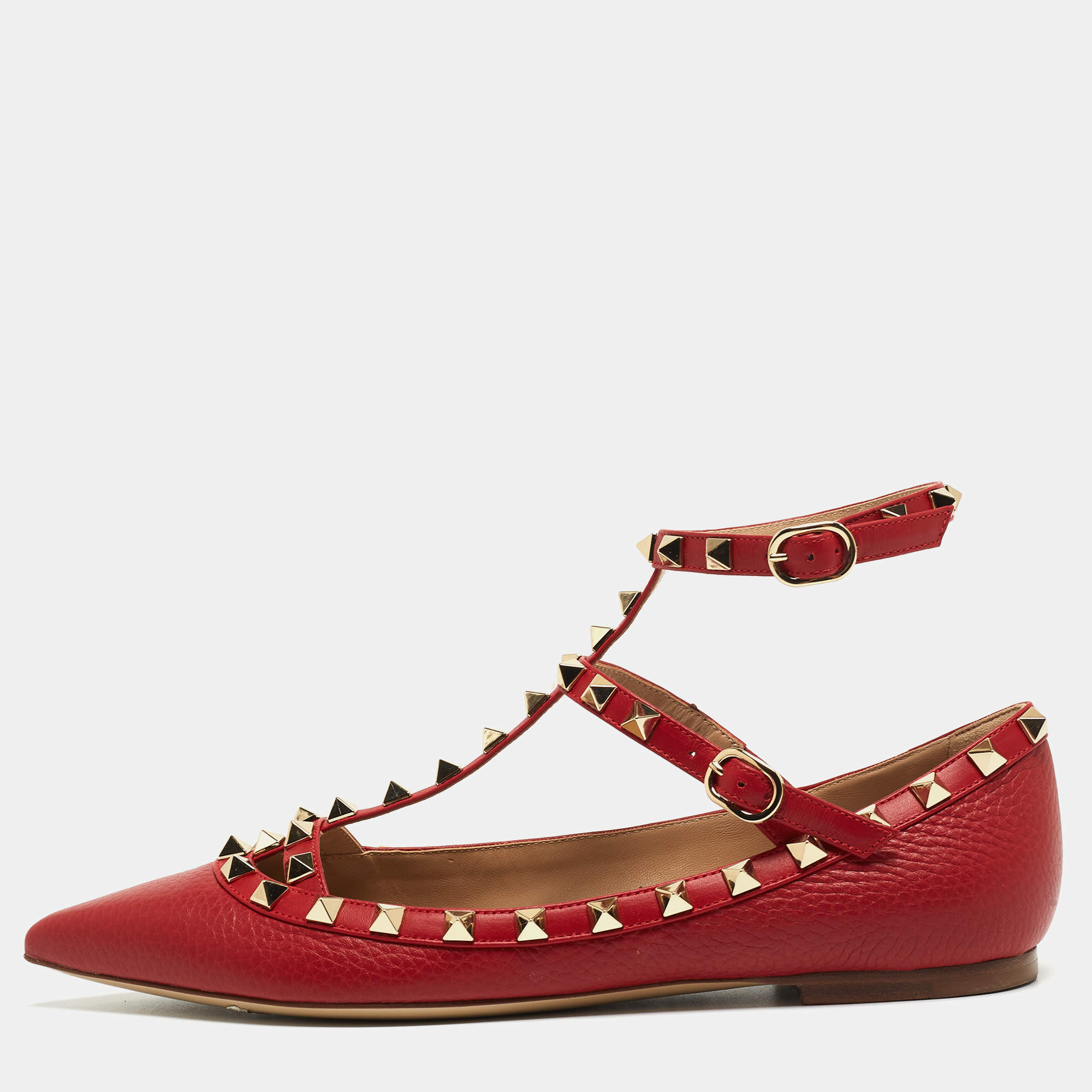 Pre Owned Valentino Red Leather Rockstud Ballet Flats Size 38