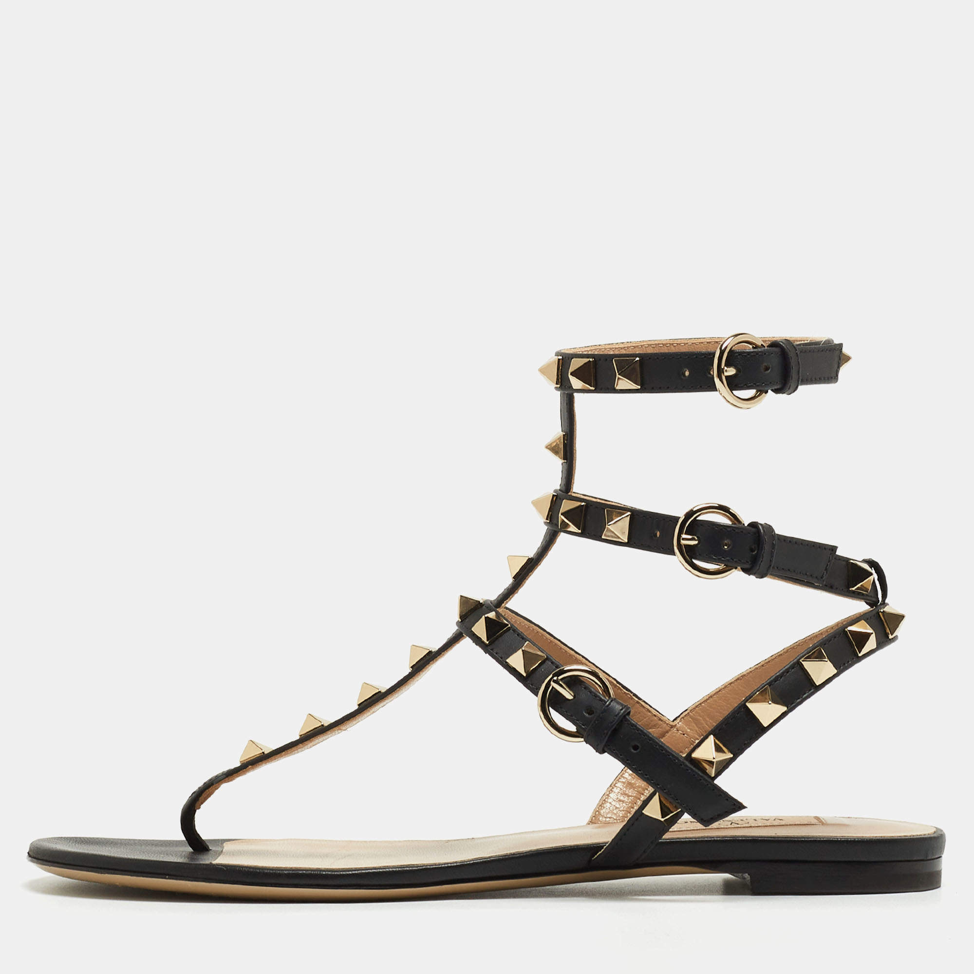 Pre Owned Valentino Black Leather Rockstud Ankle Strap Flat Sandals Size 37