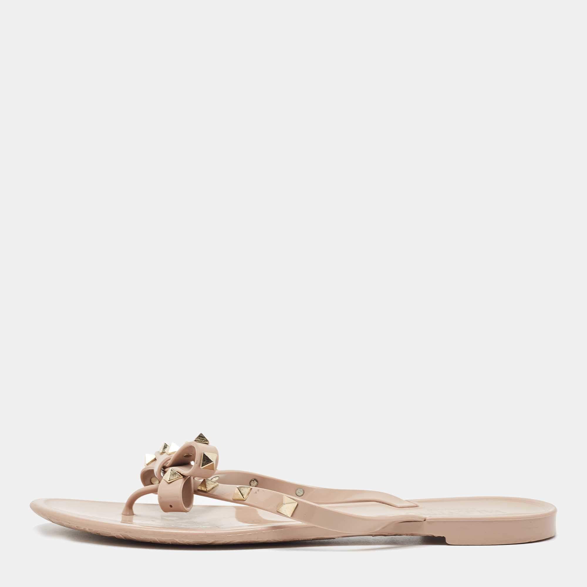 Pre Owned Valentino Beige Jelly  Rockstud Flat Slides Size 40