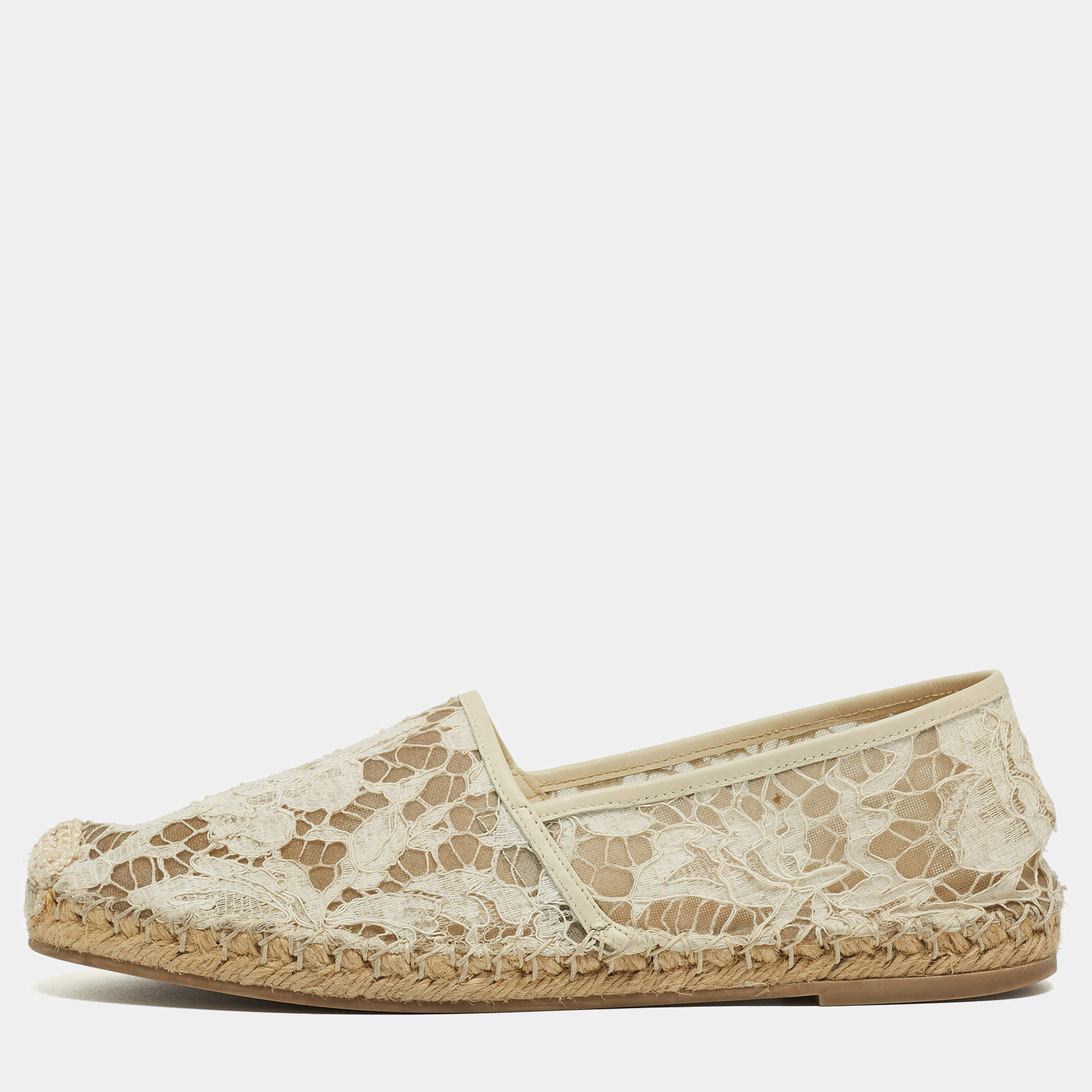 Pre Owned Valentino White Lace Espadrille Flats Size 38