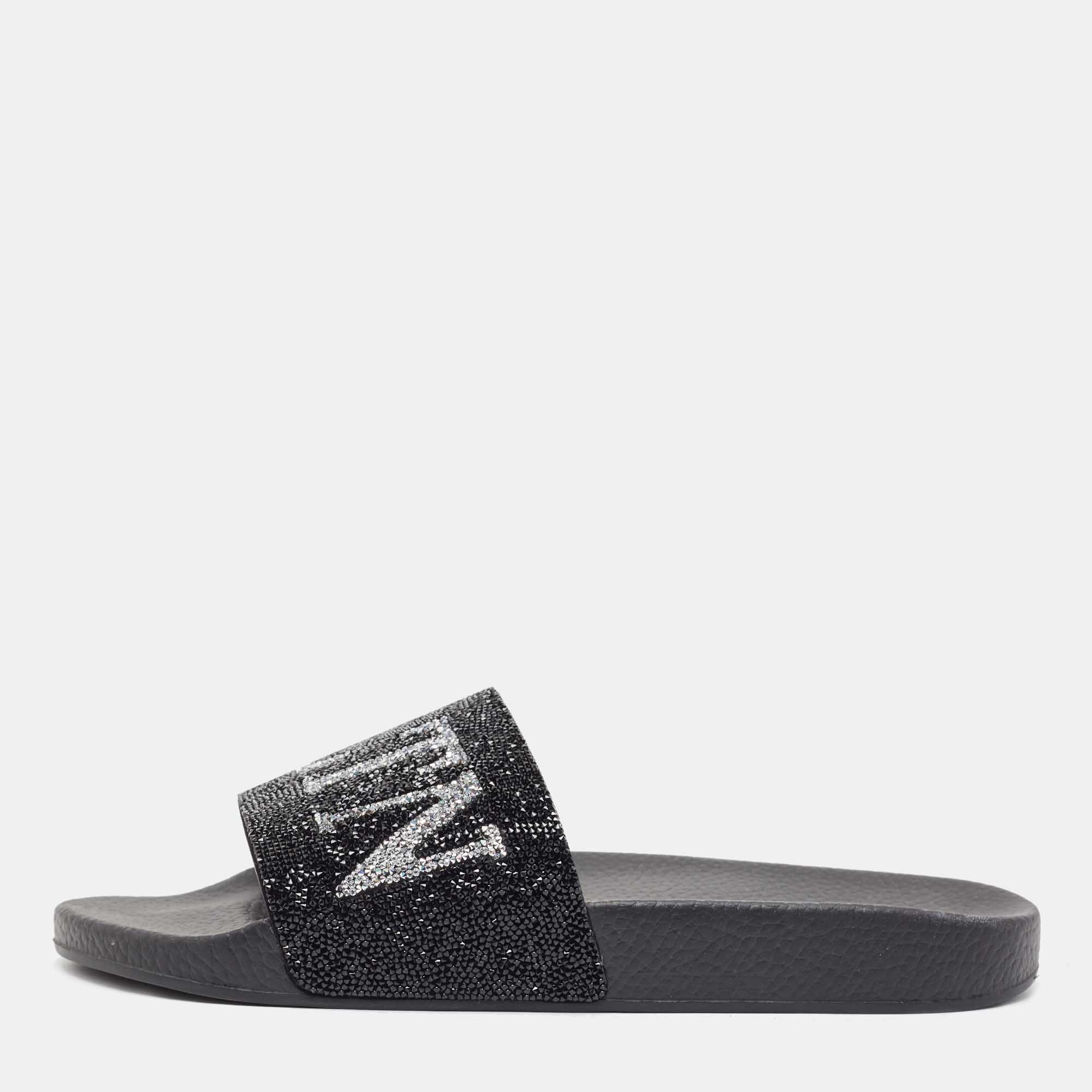 Pre Owned Valentino Black Crystals Logo Slides Size 41