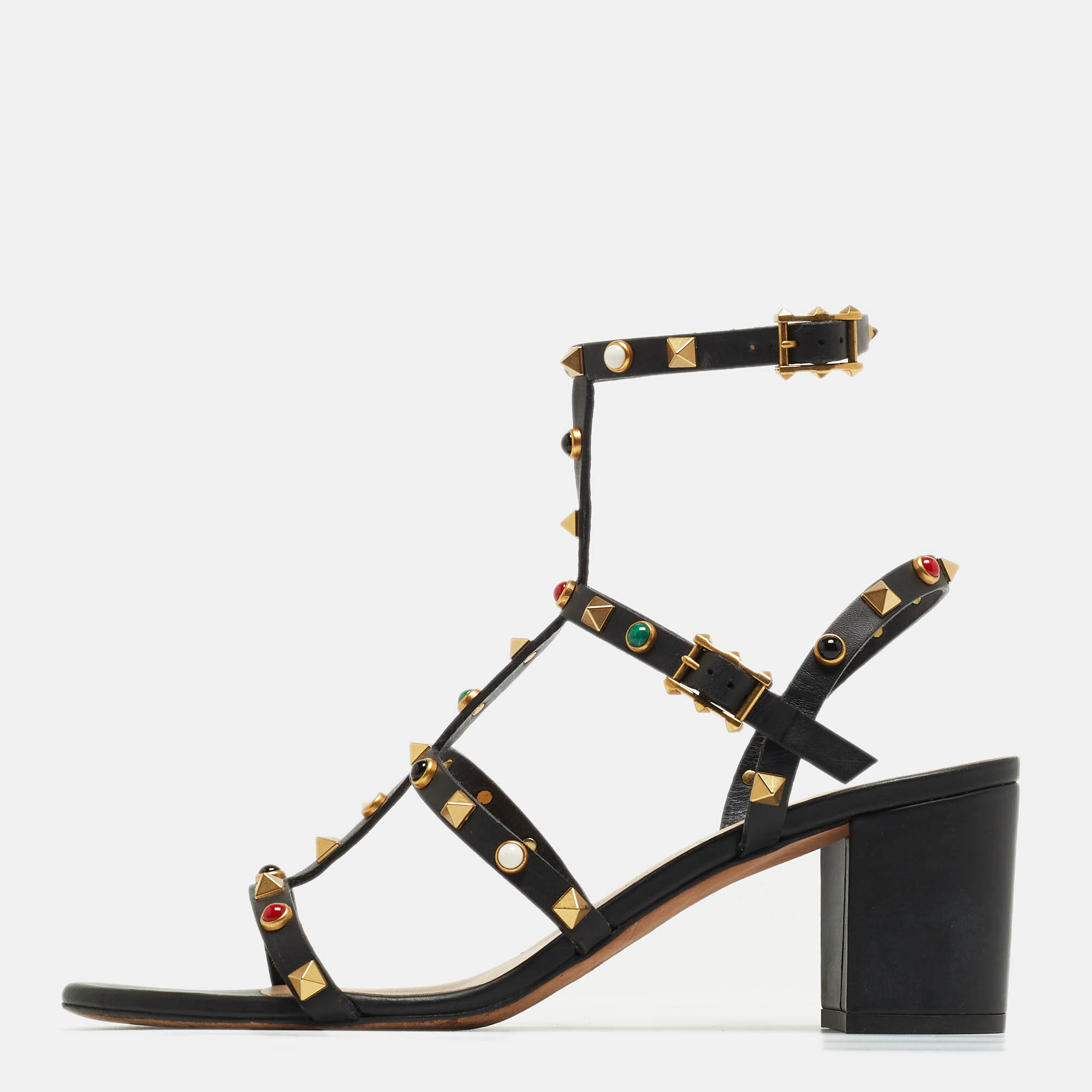 Pre Owned Valentino Black Leather Rolling Rockstud Ankle Strap Sandals Size 41
