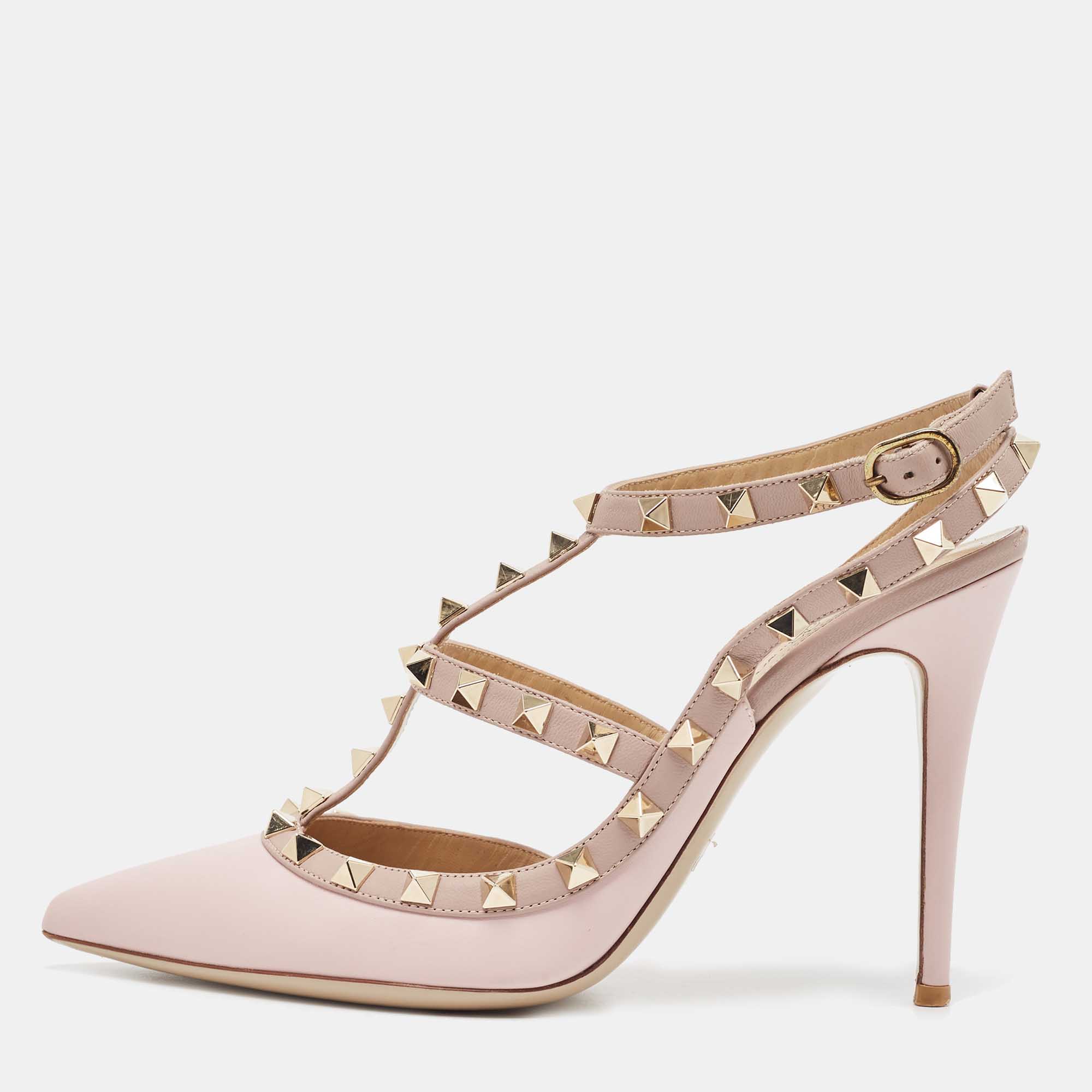 Pre Owned Valentino Pink Leather Rockstud Strappy Pointed Toe Pumps Size 39