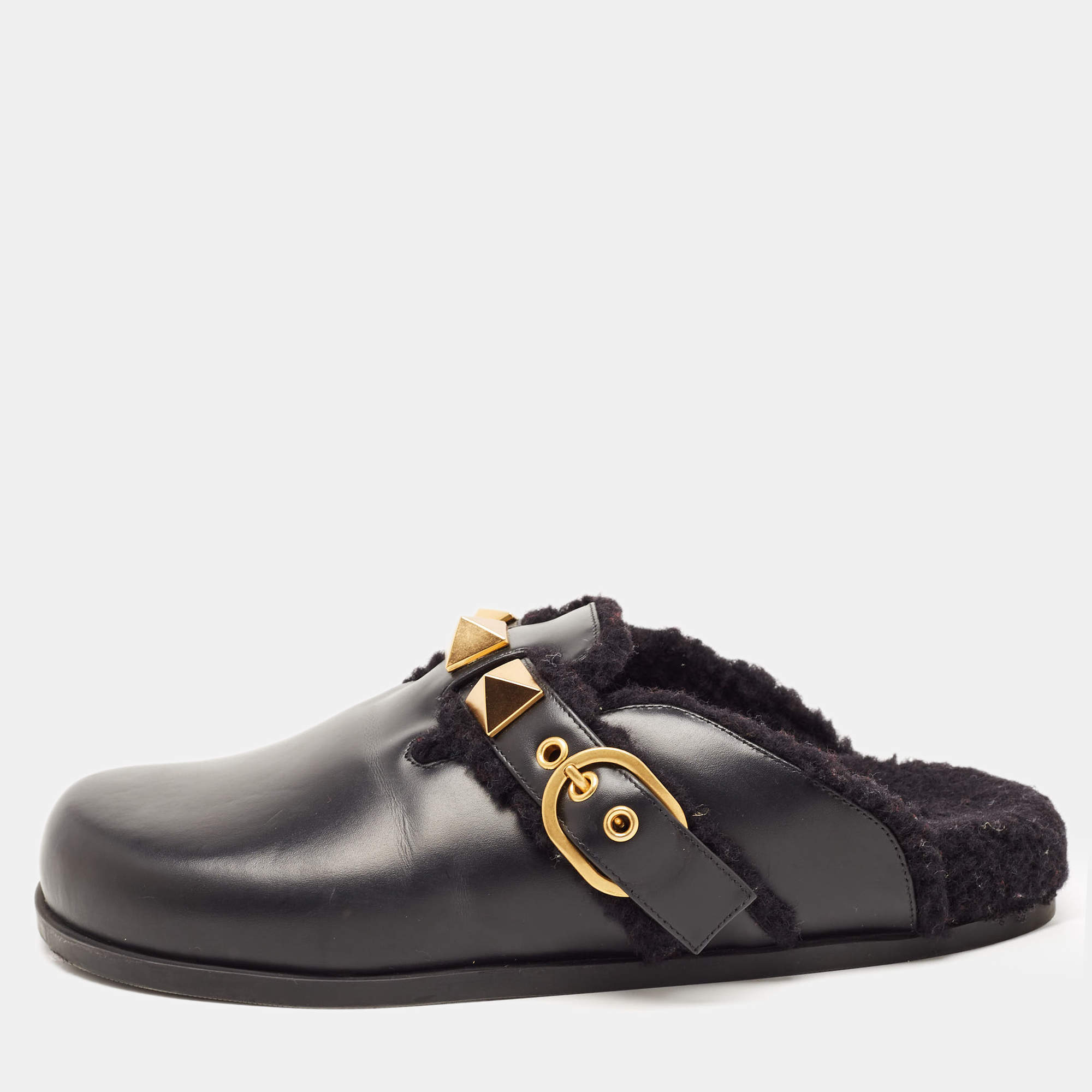 Pre Owned Valentino Black Leather Roman Stud Buckle Detail Flat Mules Size 38.5