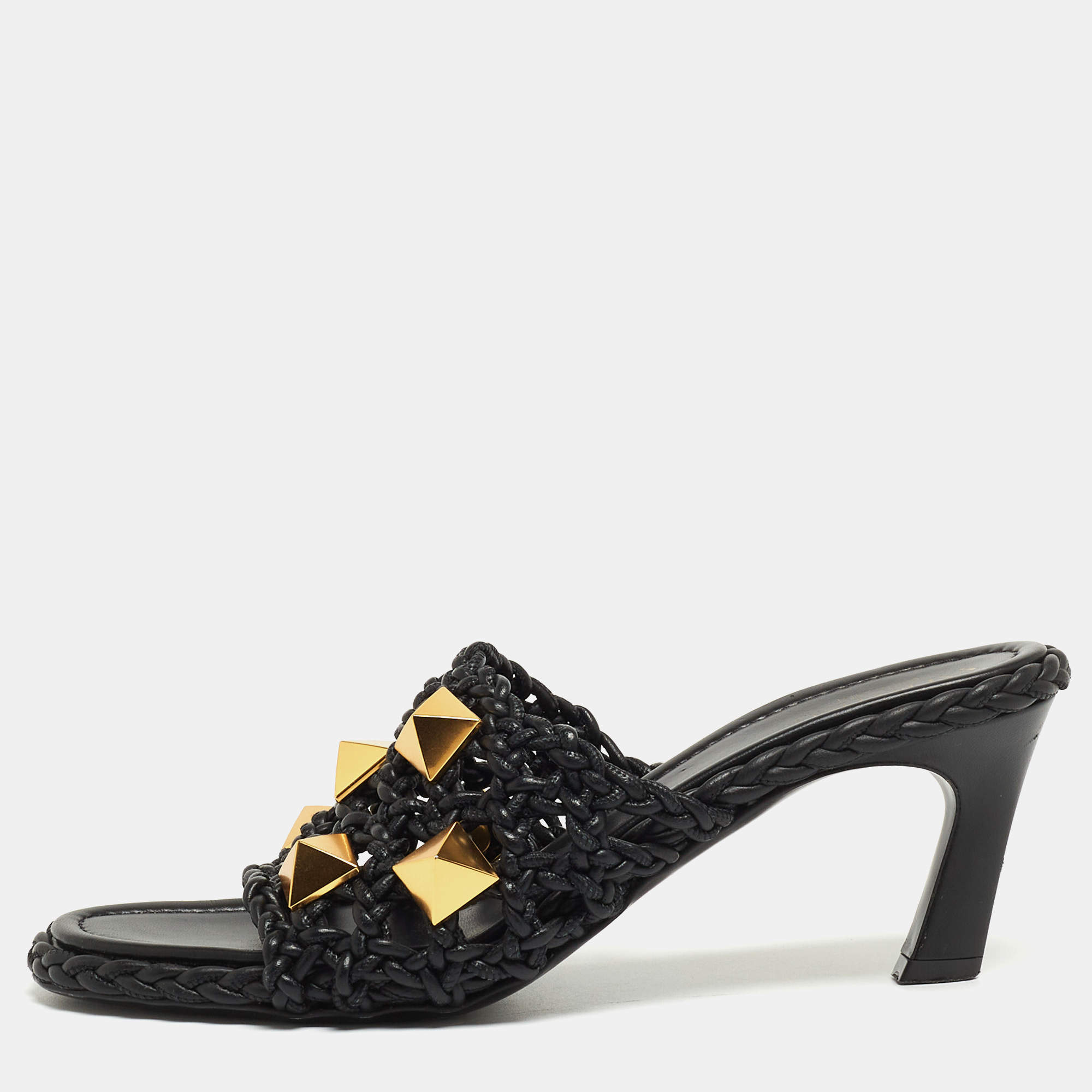 Pre Owned Valentino Black Woven Leather Roman Stud Slide Sandals Size 38.5