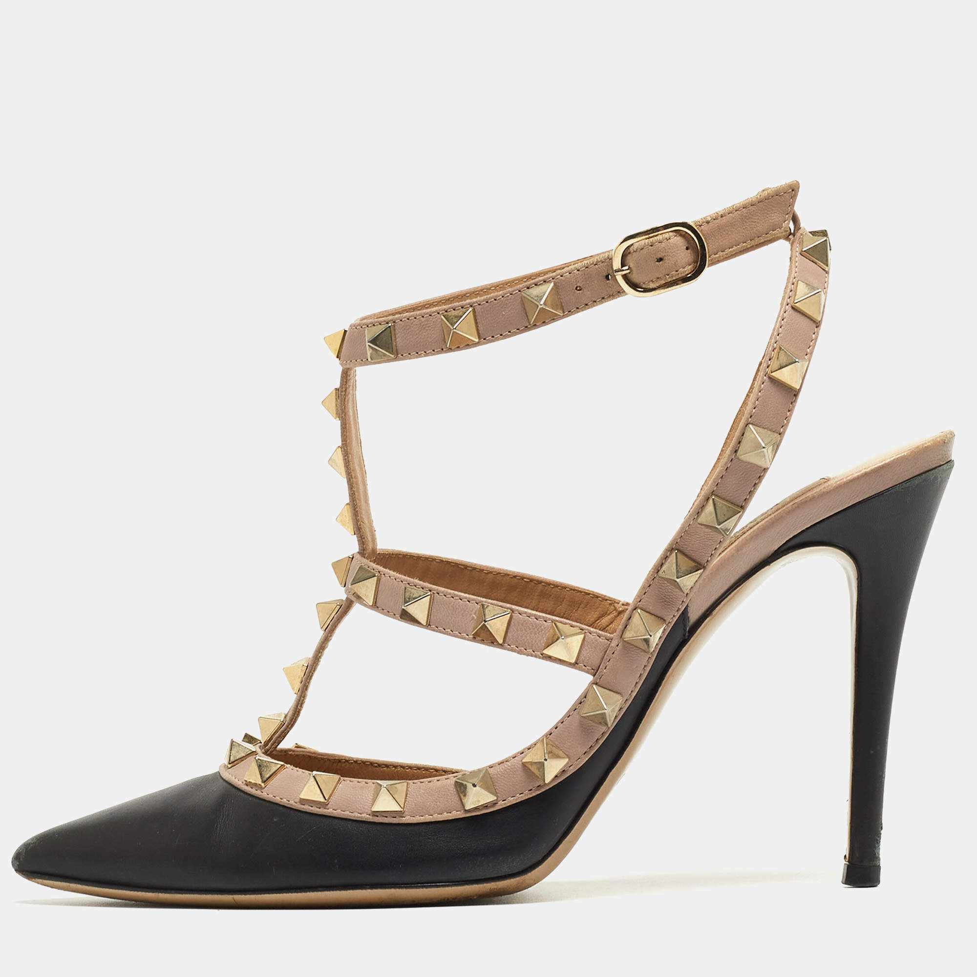 Pre Owned Valentino Black/Beige Leather Rockstud Pumps Size 37