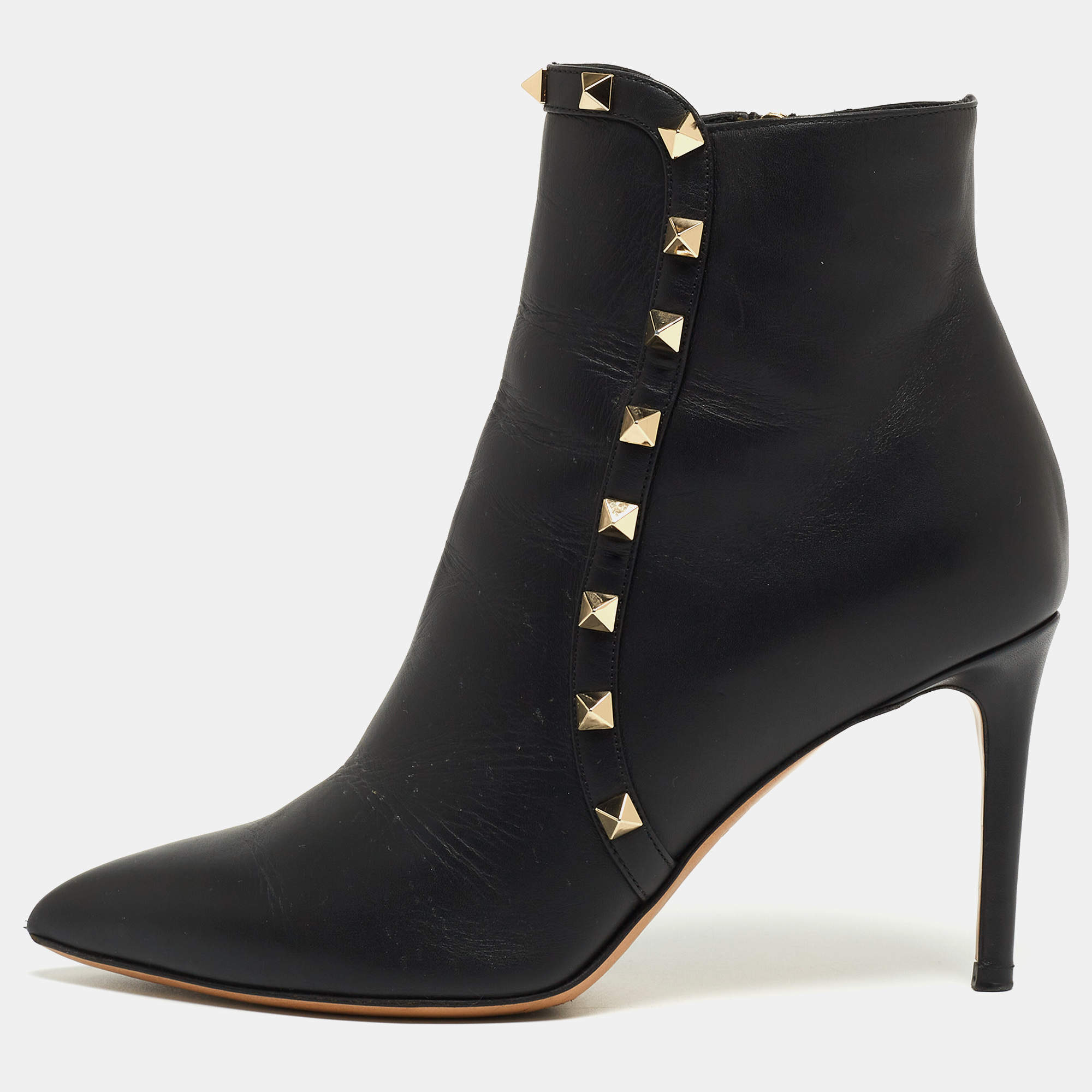 مملوكة مسبقًا Valentino Black Leather Rockstud Pointed Toe Boots Size 37