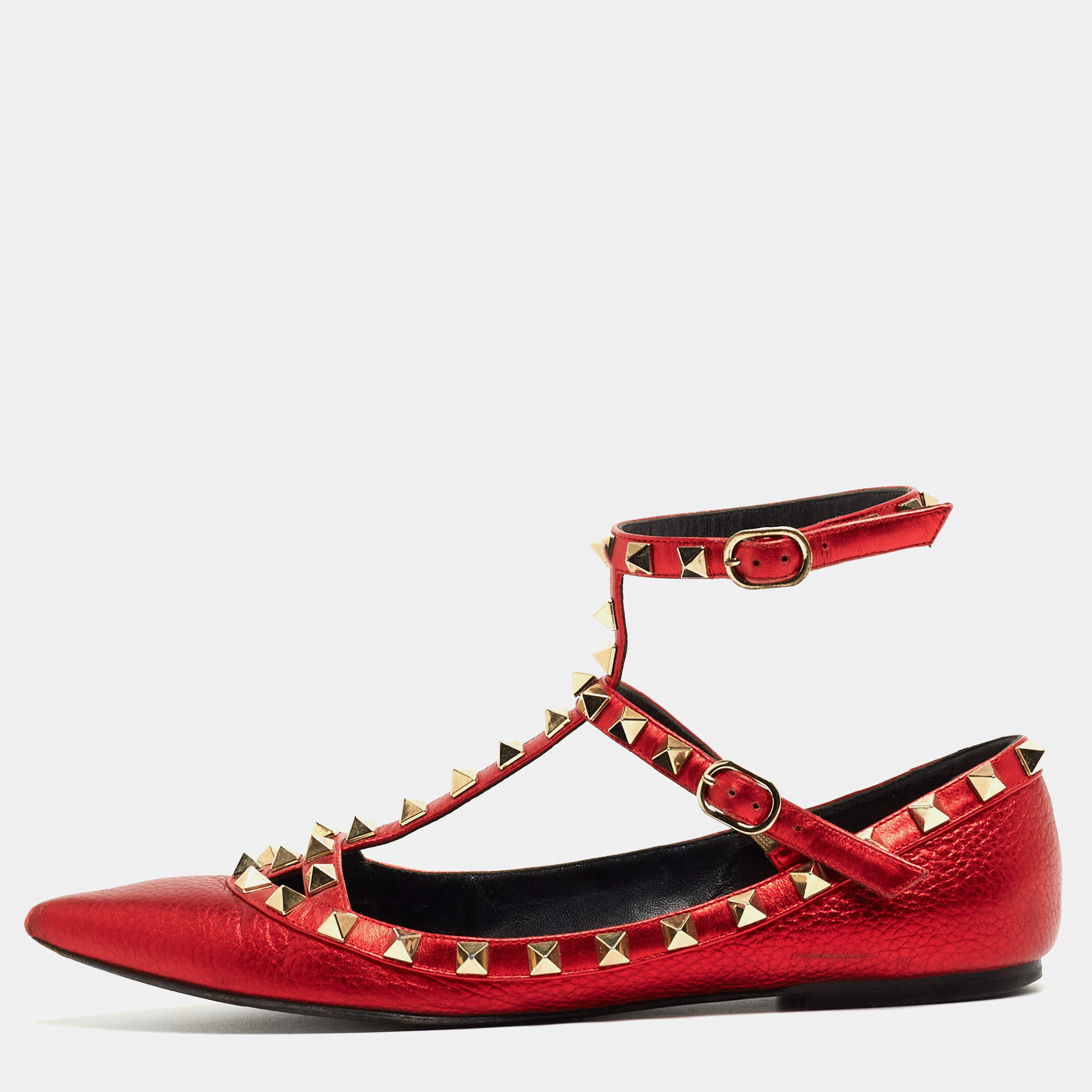 Pre Owned Valentino Metallic Red Leather Rockstud Ballet Flats Size 37