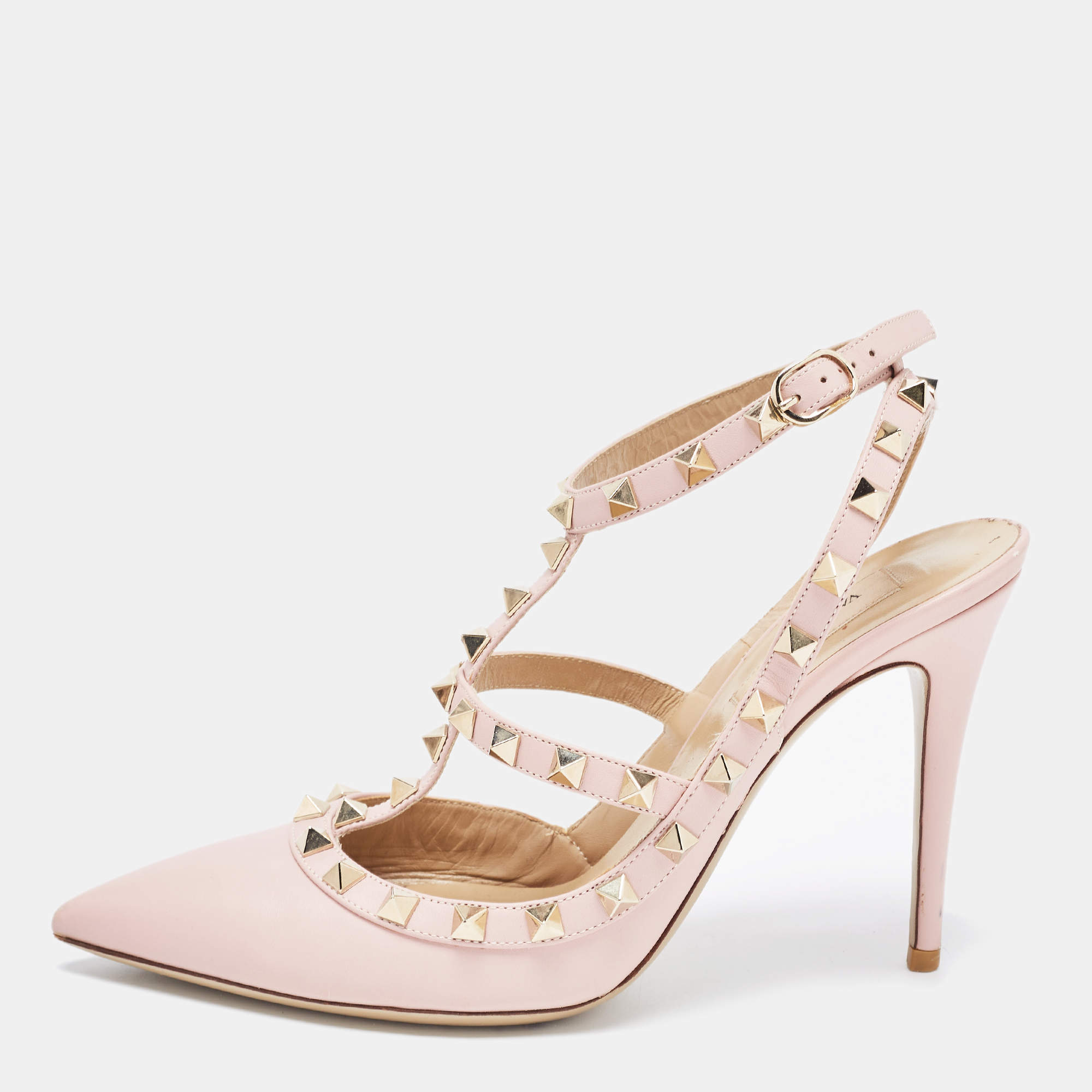 Pre Owned Valentino Pink Leather Rockstud Ankle Strap Pumps Size 38.5