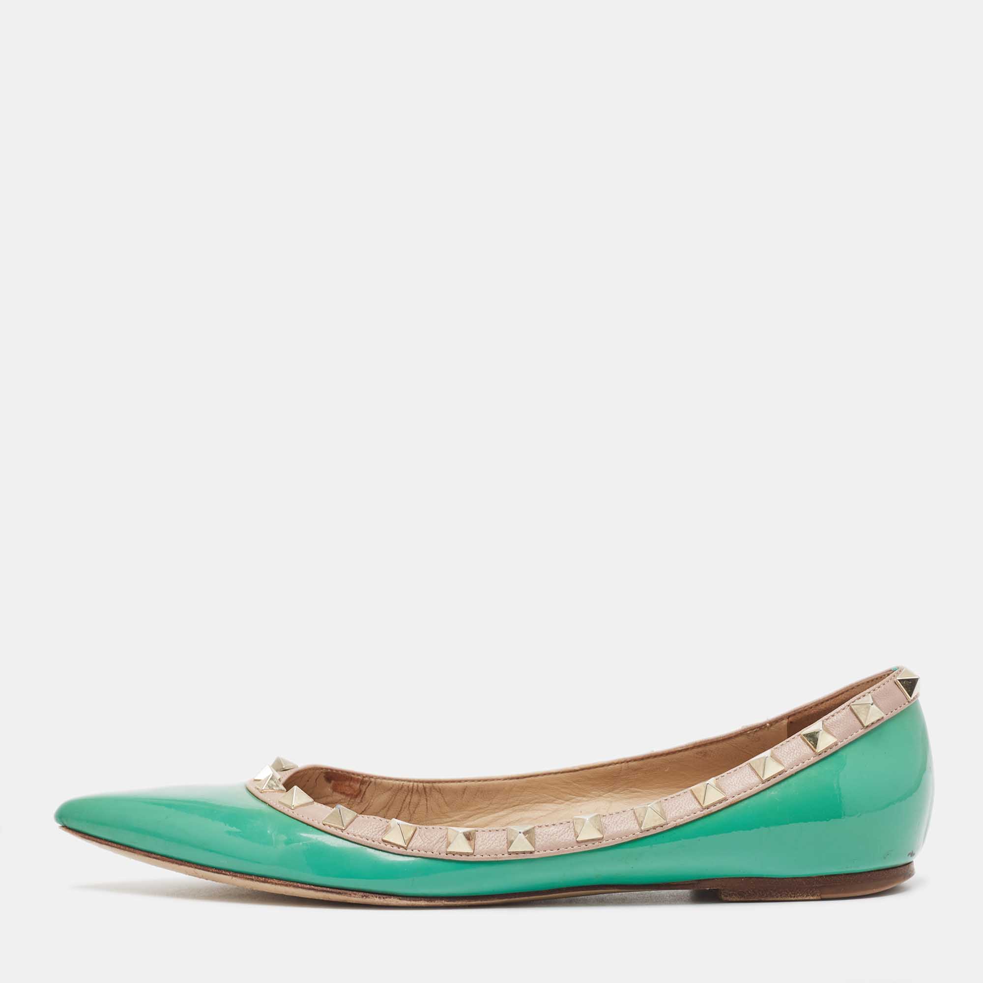 Pre Owned Valentino Green Patent Leather Rockstud Ballet Flats Size 37.5