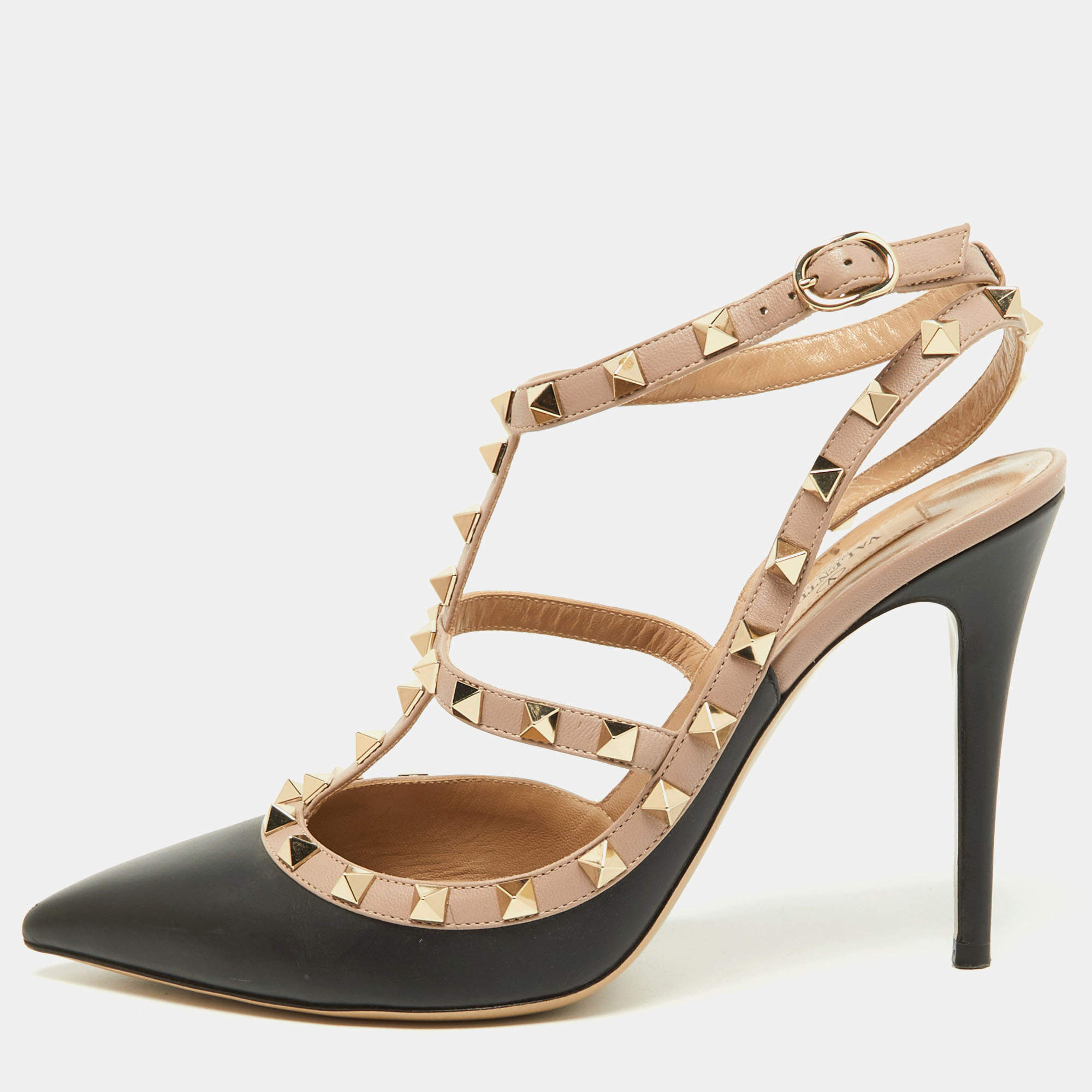 Pre Owned Valentino Black/Pink Leather Rockstud Buckle Strap Pumps Size 40