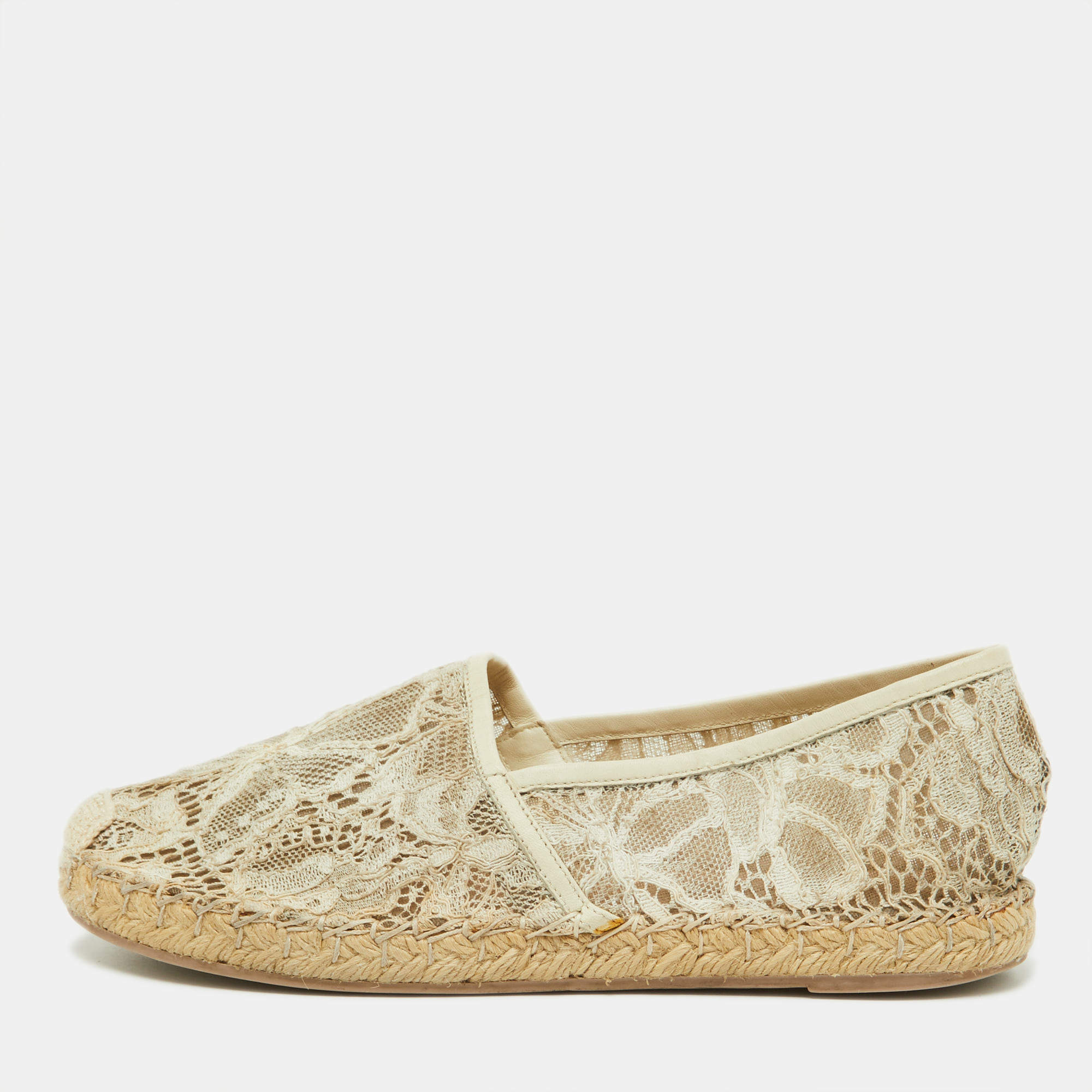 Pre Owned Valentino Off White Lace Espadrille Flats Size 37