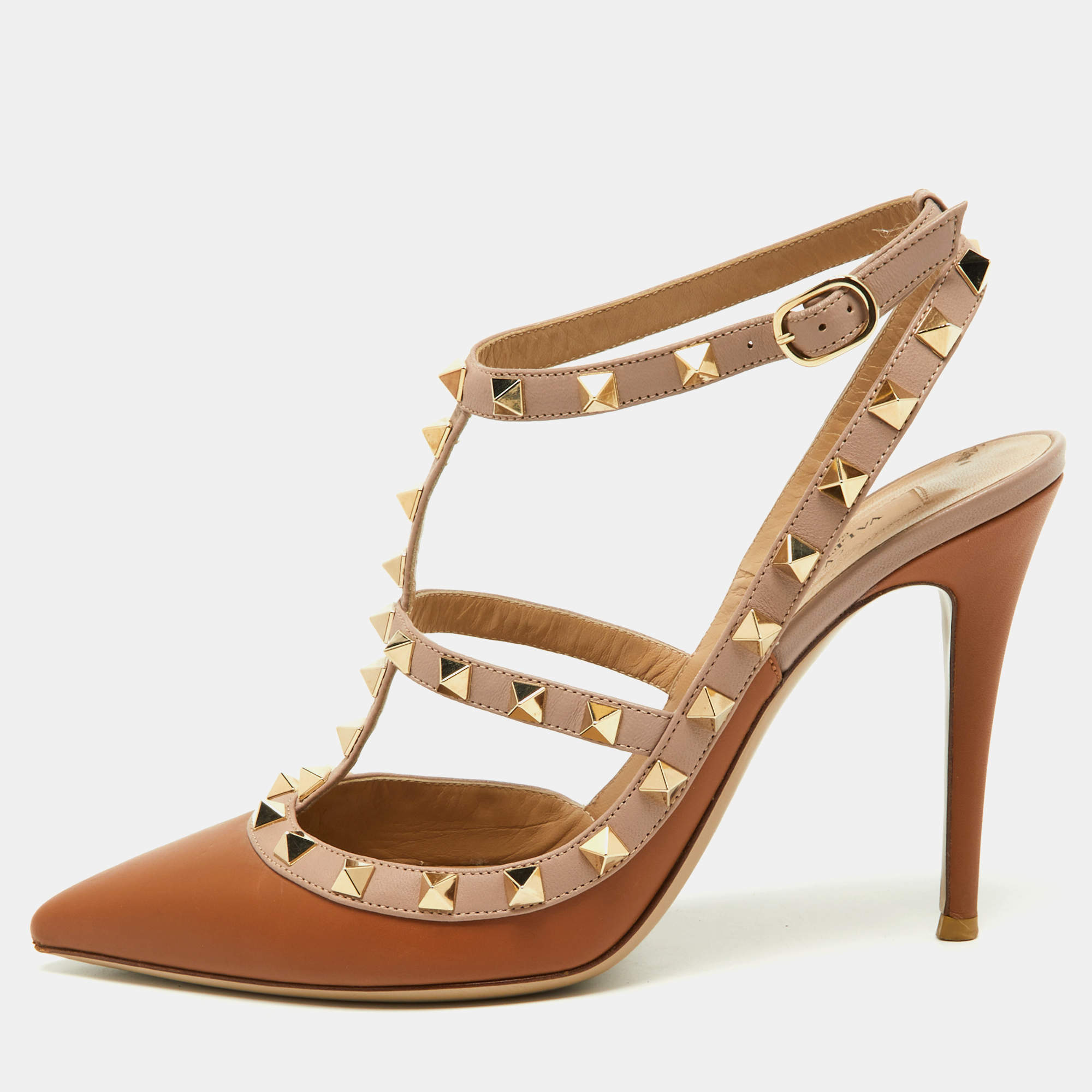 Pre Owned Valentino Brown/Pink Leather Rockstud Strappy Pointed Toe Pumps Size 39