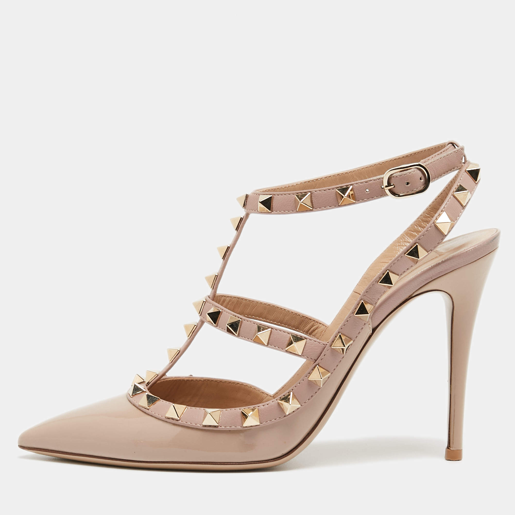 Pre Owned Valentino Dusty Pink Patent Leather Rockstud Ankle Strap Pumps Size 38