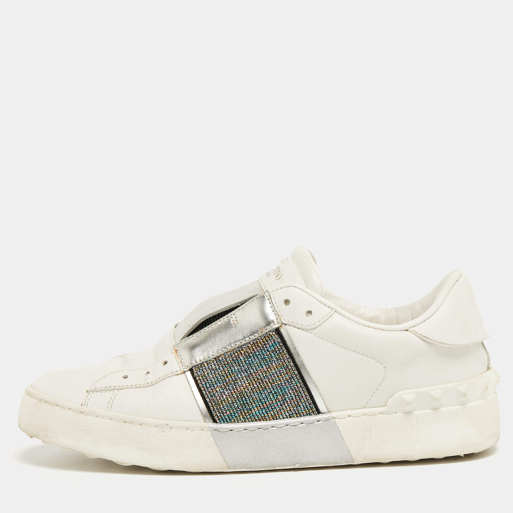 Pre Owned Valentino White/Silver Leather Rockstud Slip On Sneakers Size 36