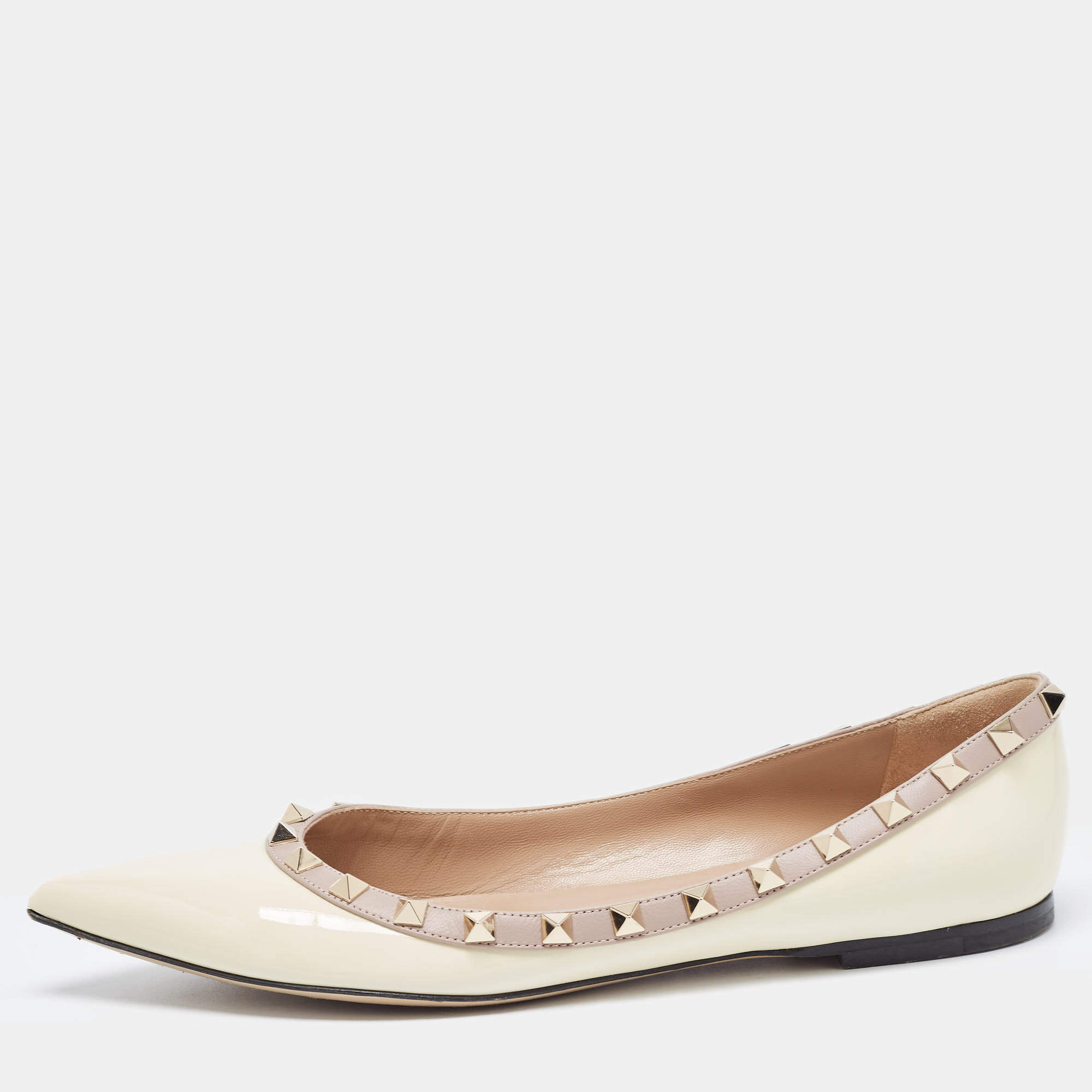 Pre Owned Valentino Cream Patent Leather Rockstud Ballet Flats Size 39.5
