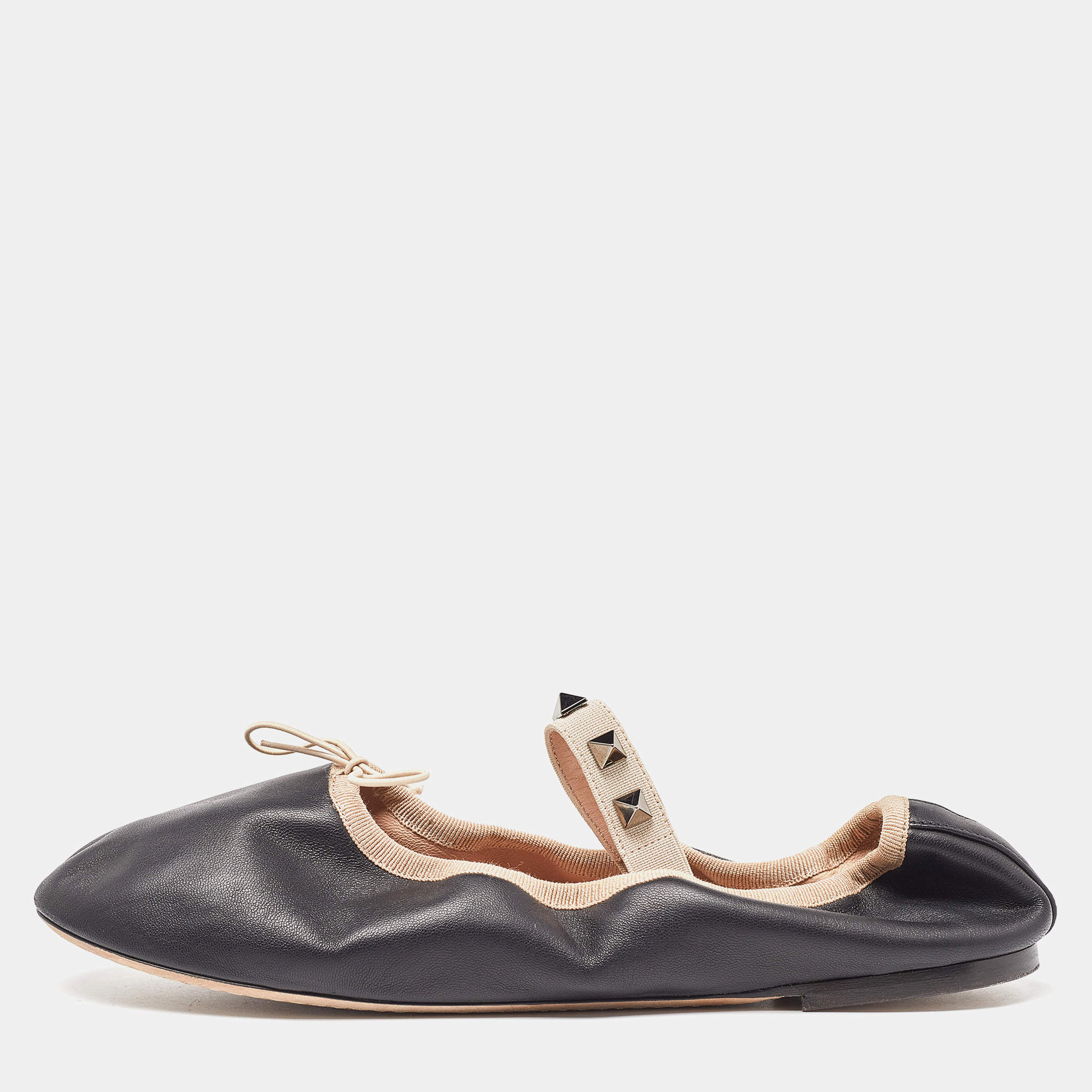 Pre Owned Valentino Black Leather Rockstud Mary Jane Bow Ballet Flats Size 38.5