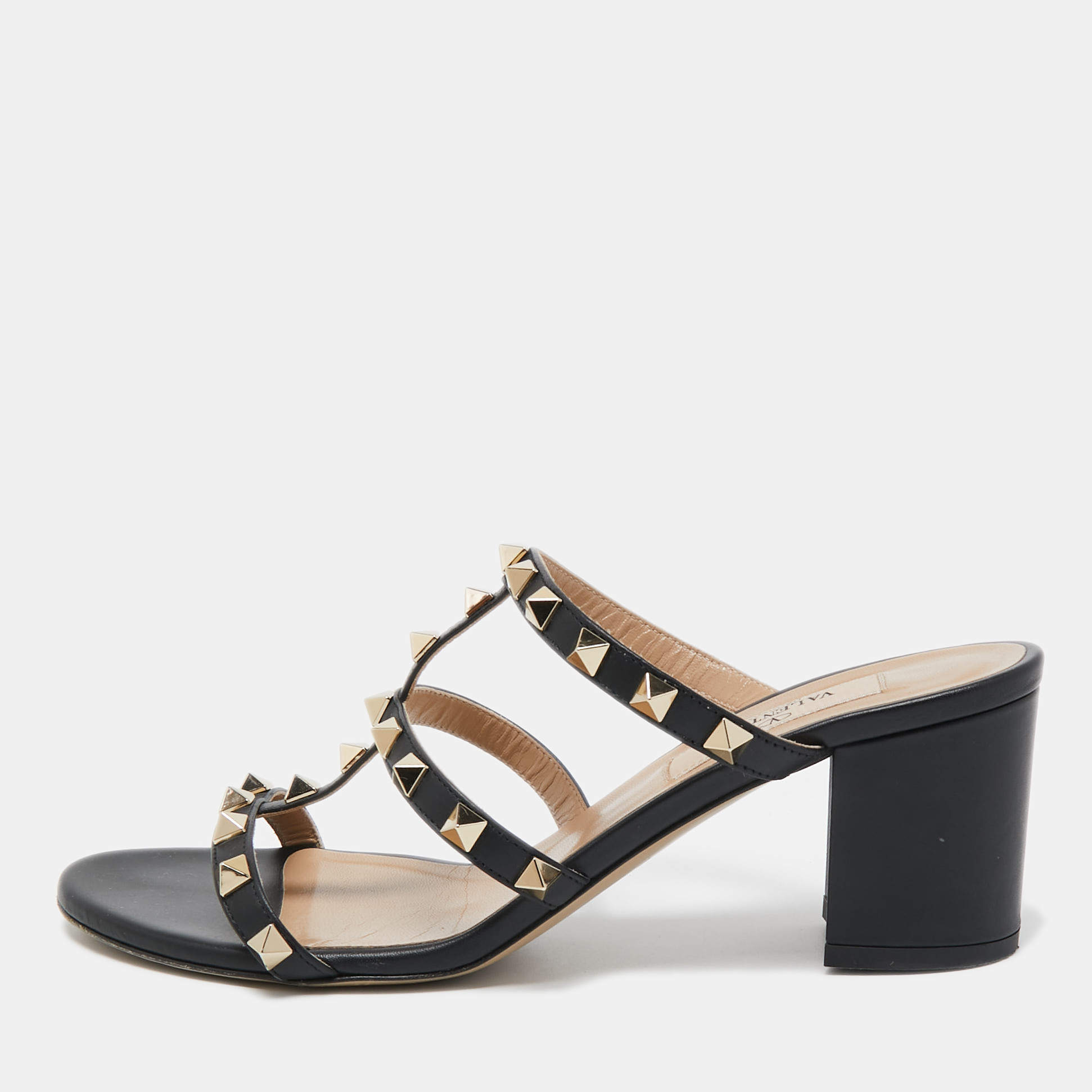 Pre Owned Valentino Black Leather Rockstud Slide Sandals Size 37