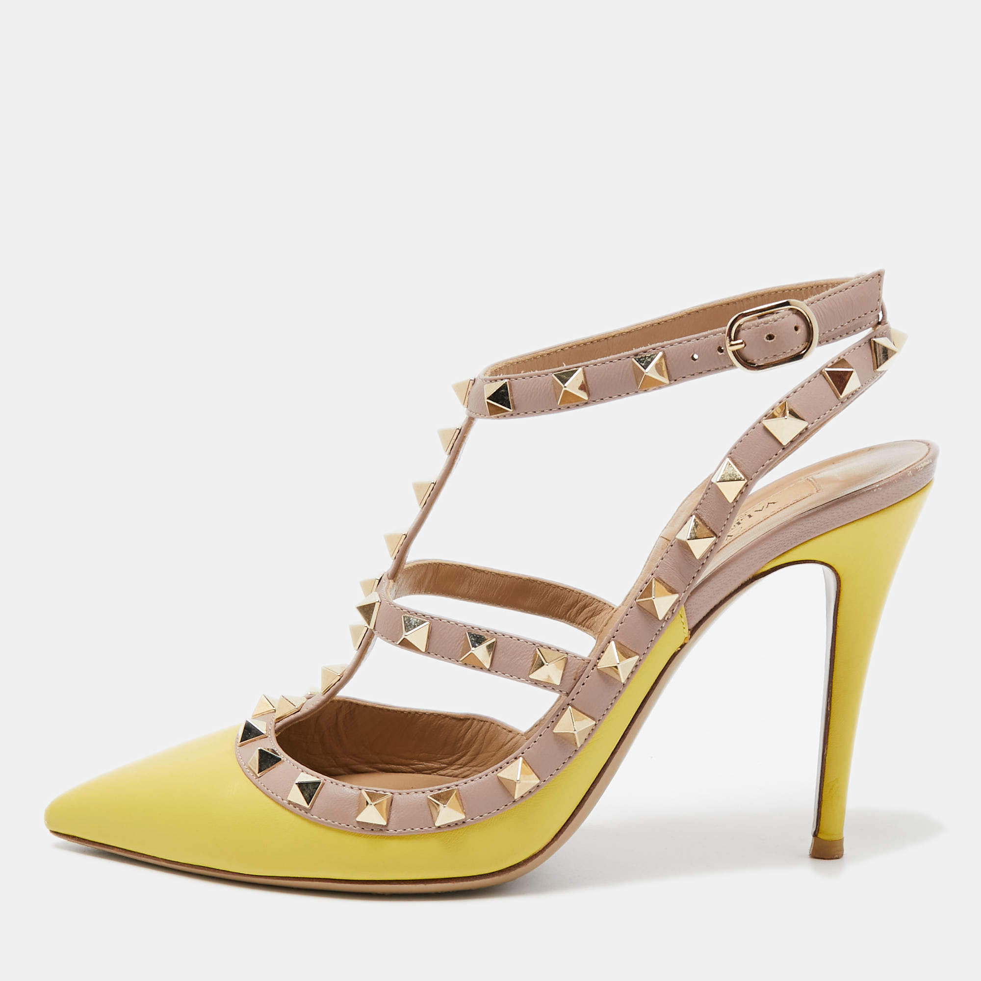 Pre Owned Valentino Yellow/Dusty Pink Leather Rockstud Ankle Strap Pumps Size 38.5