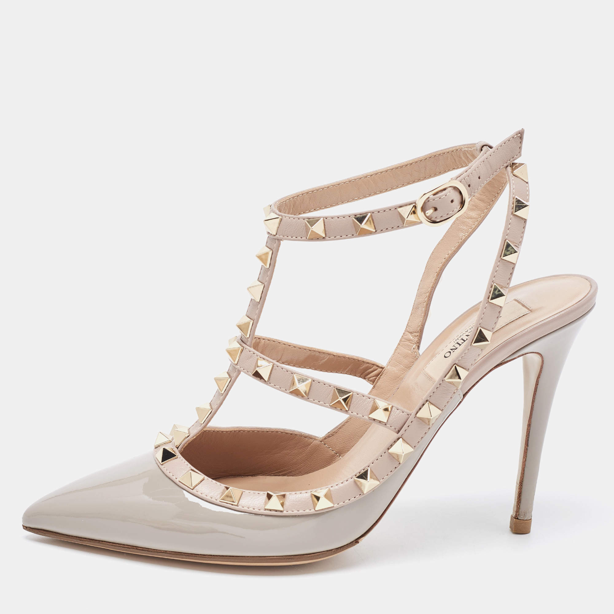 Pre Owned Valentino Grey Patent Leather Rockstud Ankle Strap Pumps Size 39