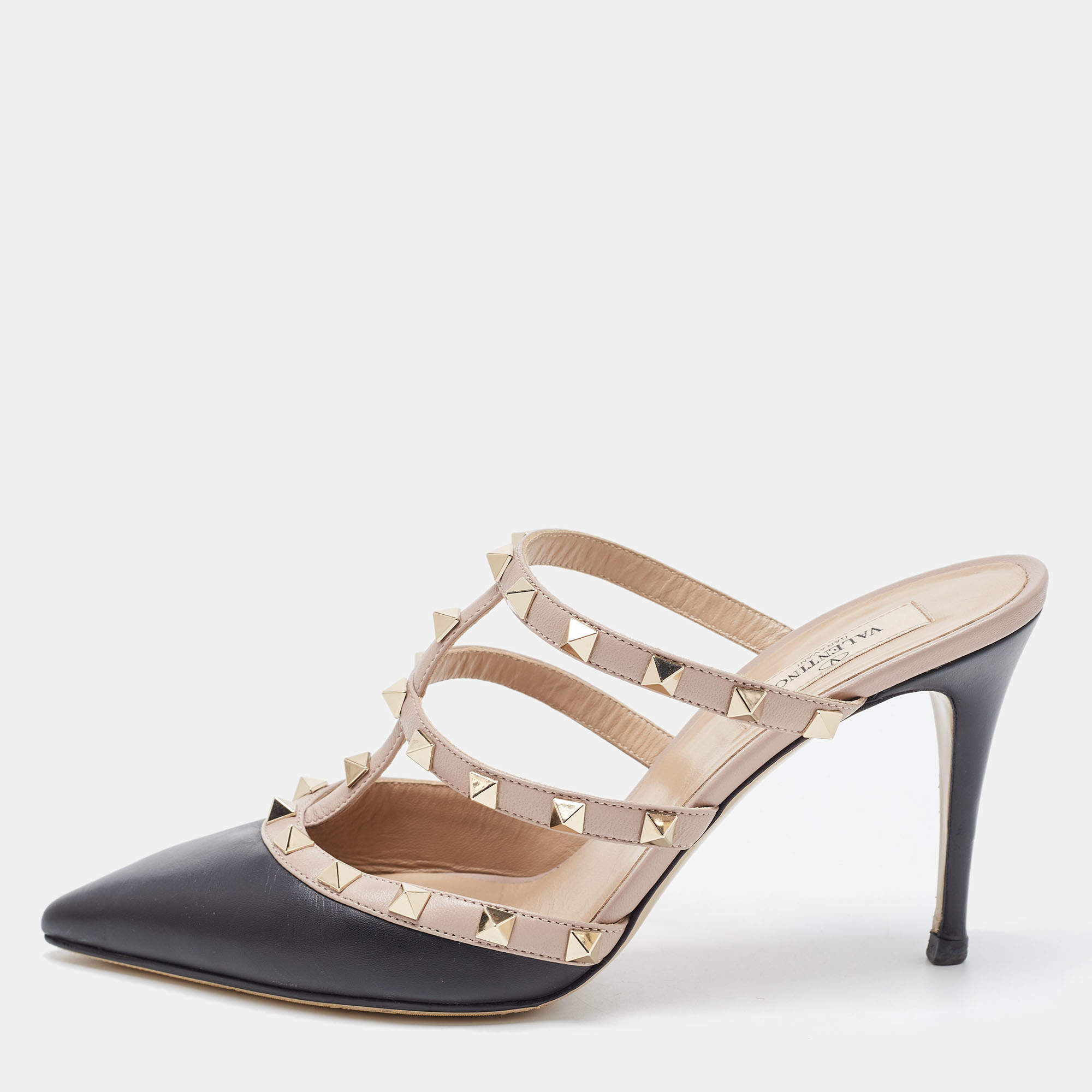 Pre Owned Valentino Black/Dusty Pink Leather Rockstud Mules Size 39