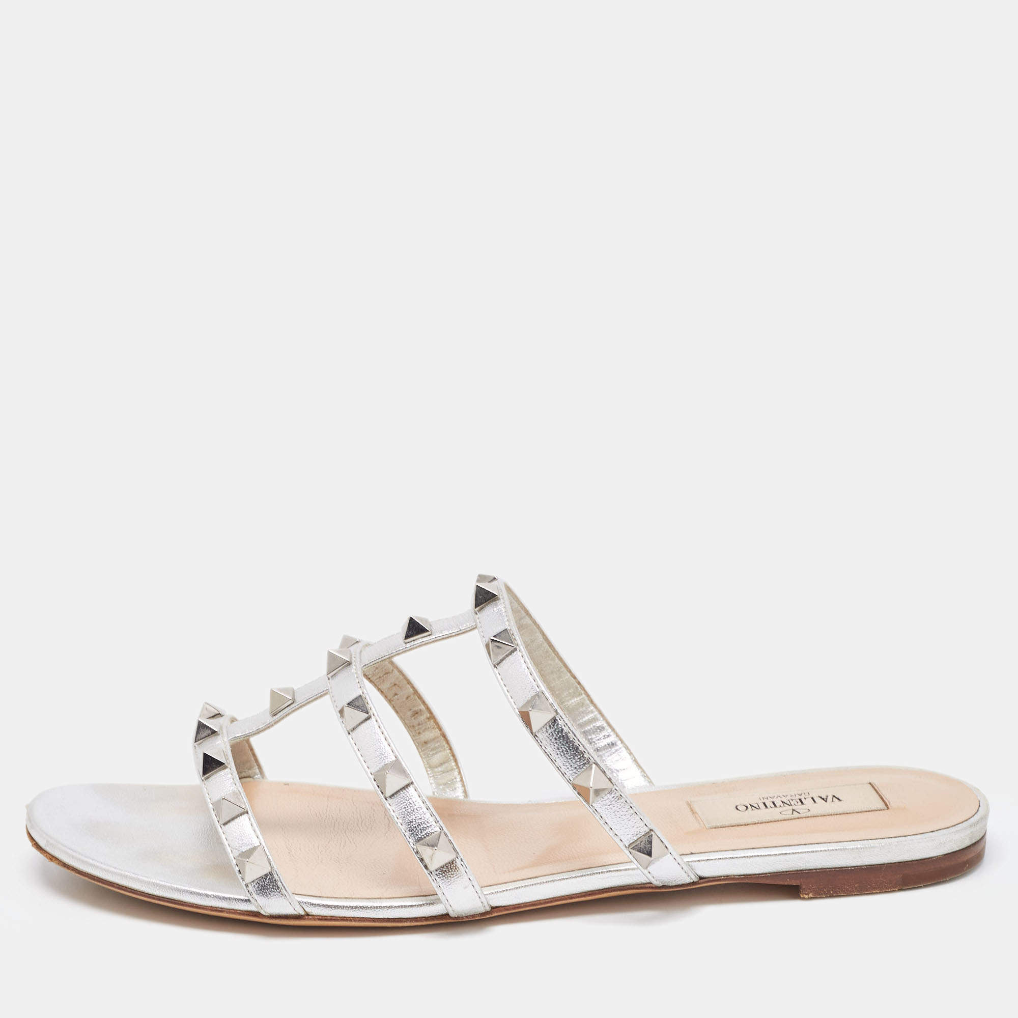 Pre Owned Valentino Silver Leather Rockstud Slide Flats Size 39