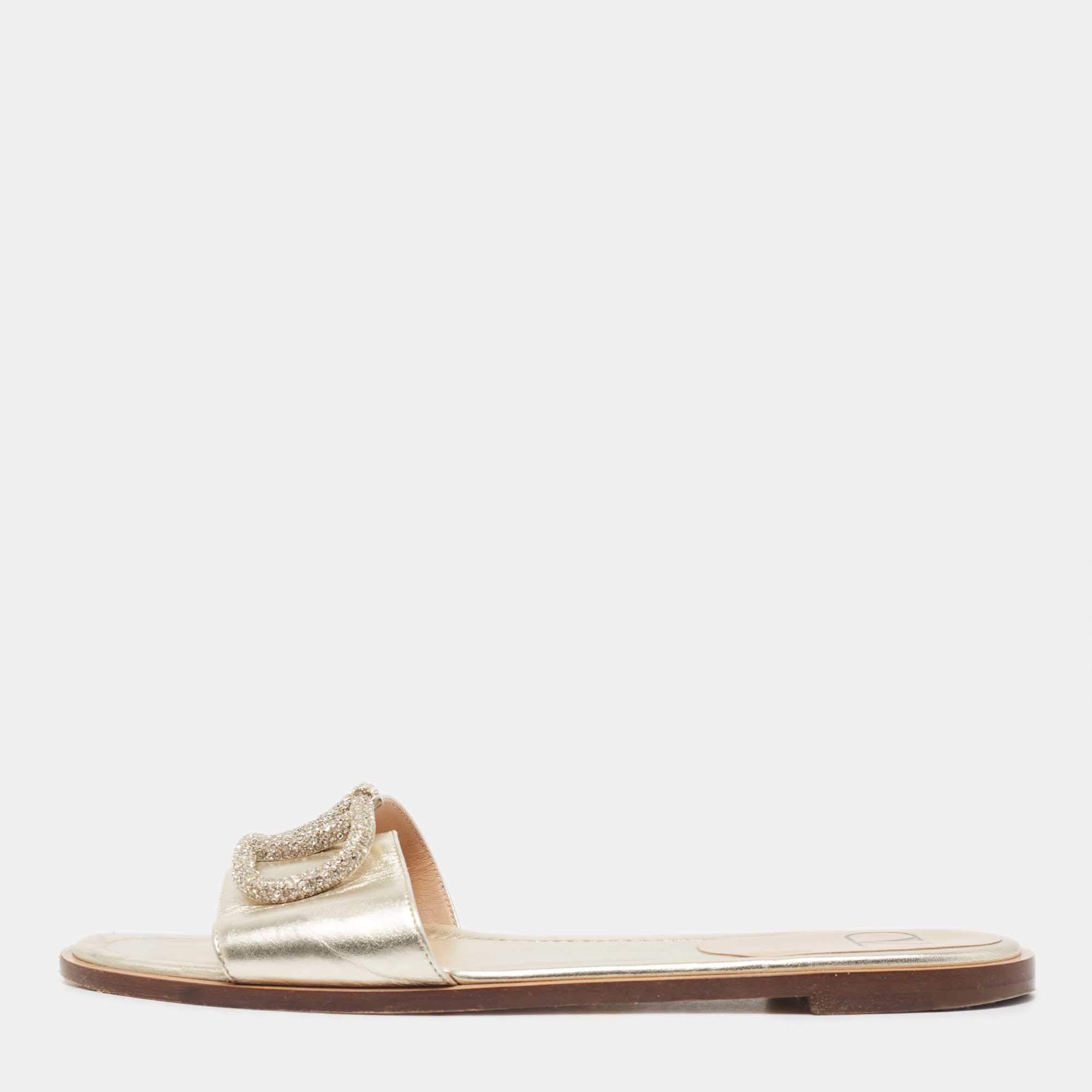 Pre Owned Valentino Gold Leather Escape V logo Flat Slides Size 38.5