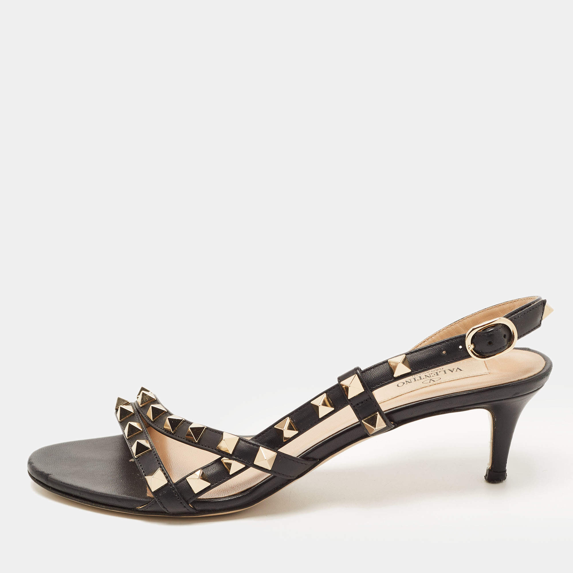 Pre Owned Valentino Black Leather Rockstud Slingback Sandals Size 36.5