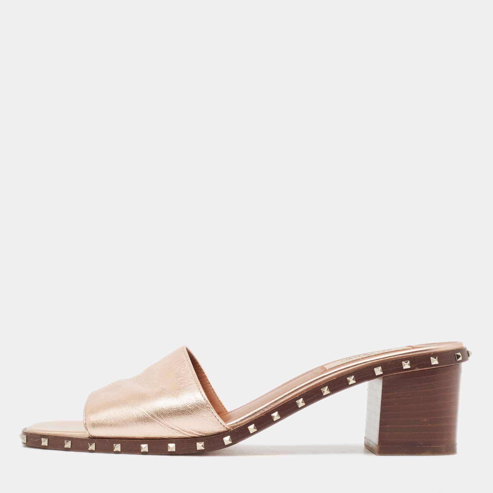 Pre Owned Valentino Metallic Leather Rockstud Open Toe Block Heel Slide Sandals Size 38.5